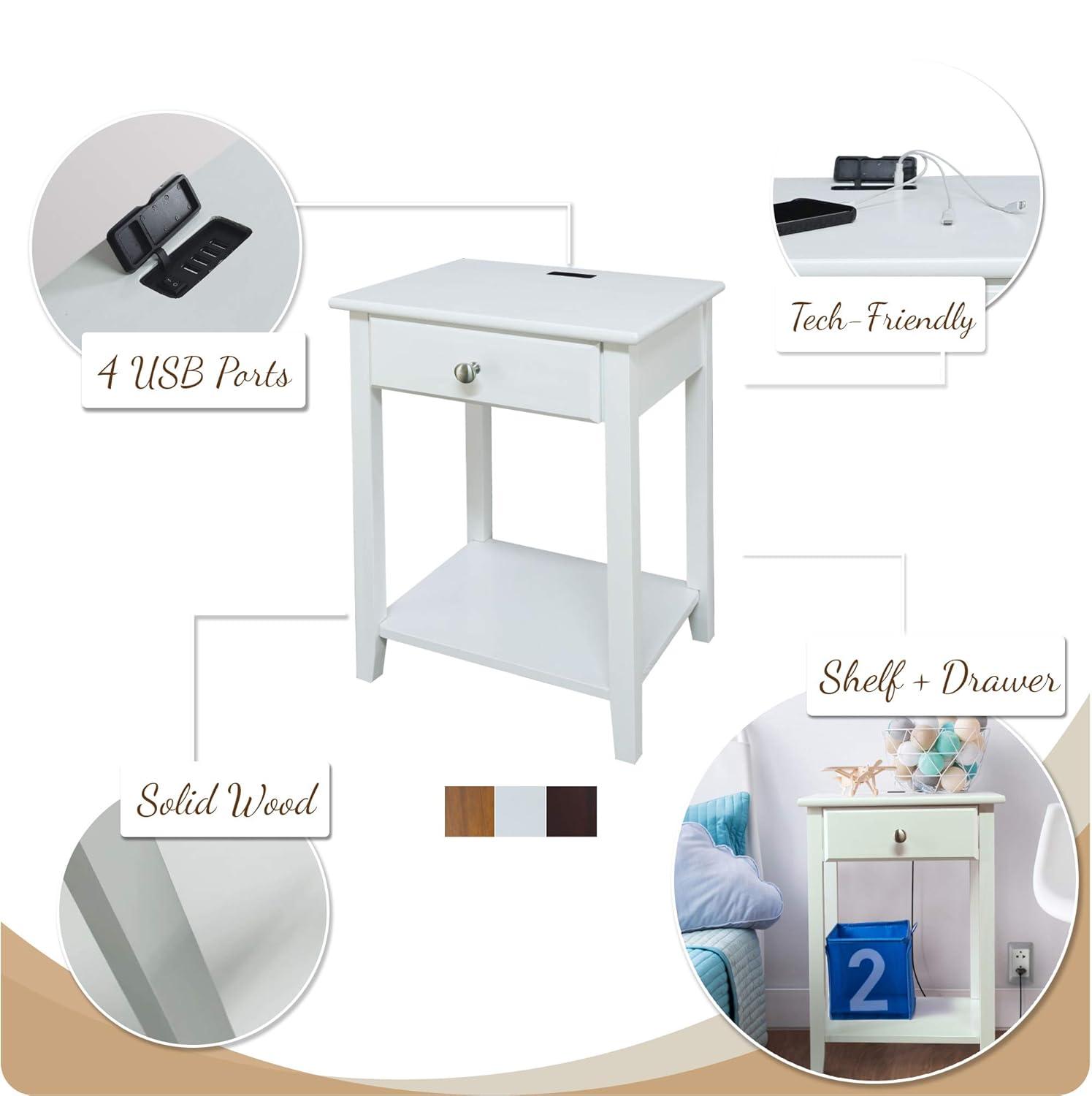 Casual Home Solid Wood Night Owl Bedside Nightstand with USB Ports, Warm Brown