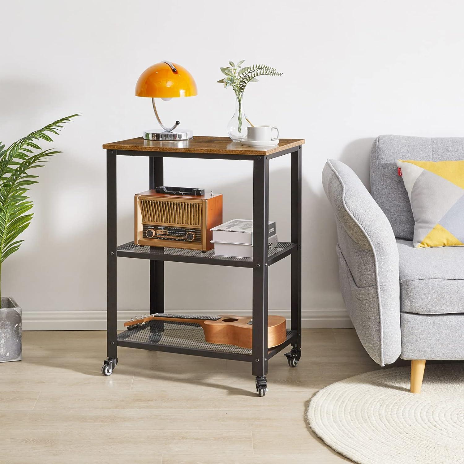 Rustic Brown and Black 3-Tier Industrial Serving Cart with Storage