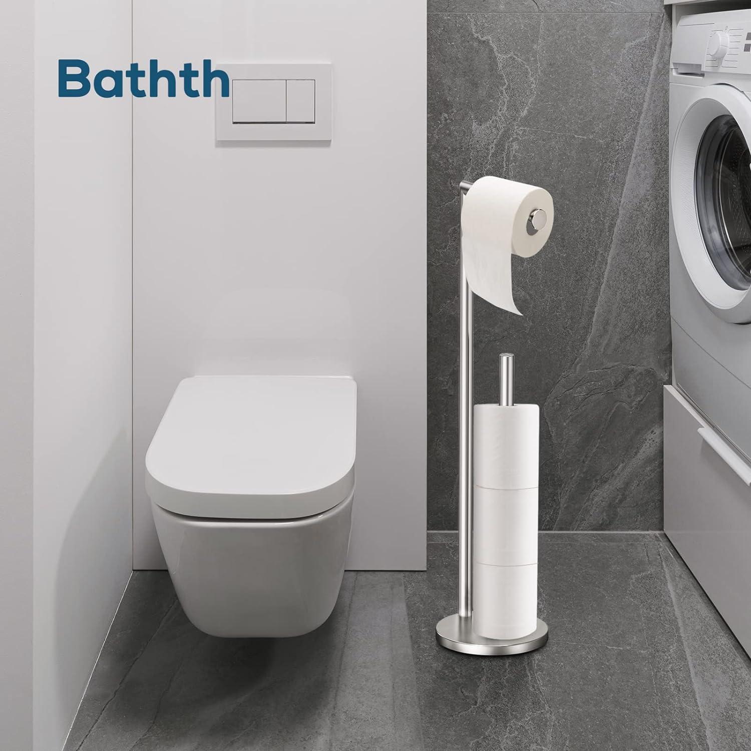 Toilet Paper Holder Stand, Toilet Paper Stand Brushed Nickel, Free Standing Toilet Paper Holder, Toilet Paper Holder with Storage by Bathth C33