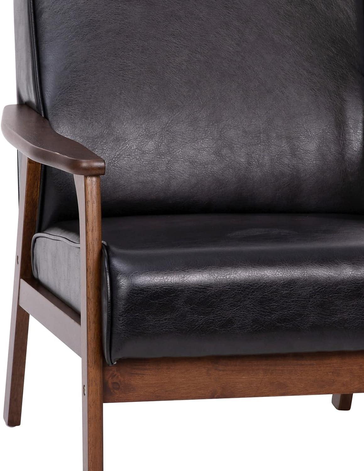 Mid-Century Modern Black Leather Accent Chair with Walnut Wood Frame