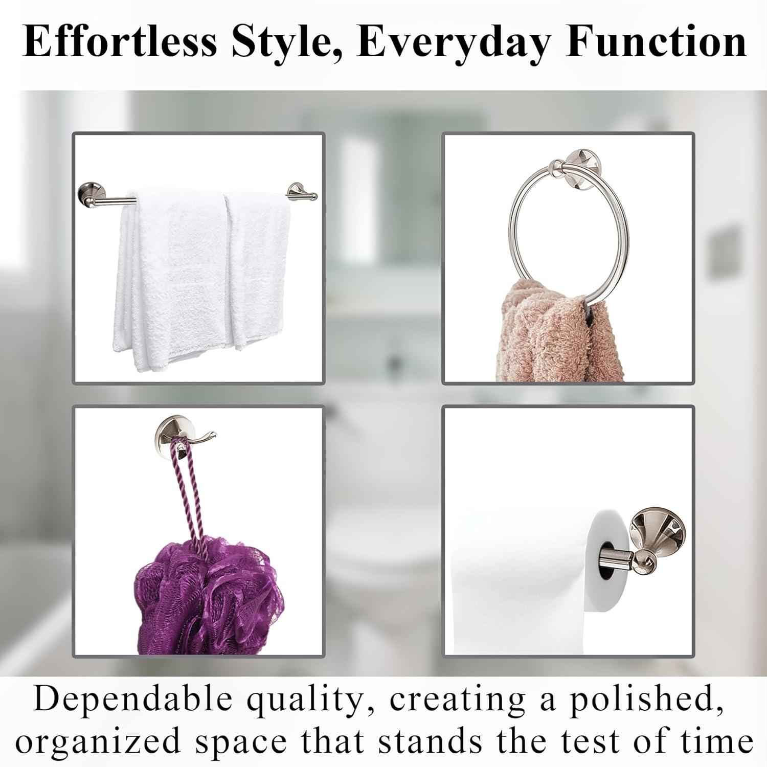Bathroom Hardware Set with Towel Rings for Bathroom Wall – 4 Piece Bathroom Towel Holder Set – Brushed Nickel Towel Hook Set – Stainless Steel Brushed Nickel Towel Bar Set – Bathroom Towel Bar Set