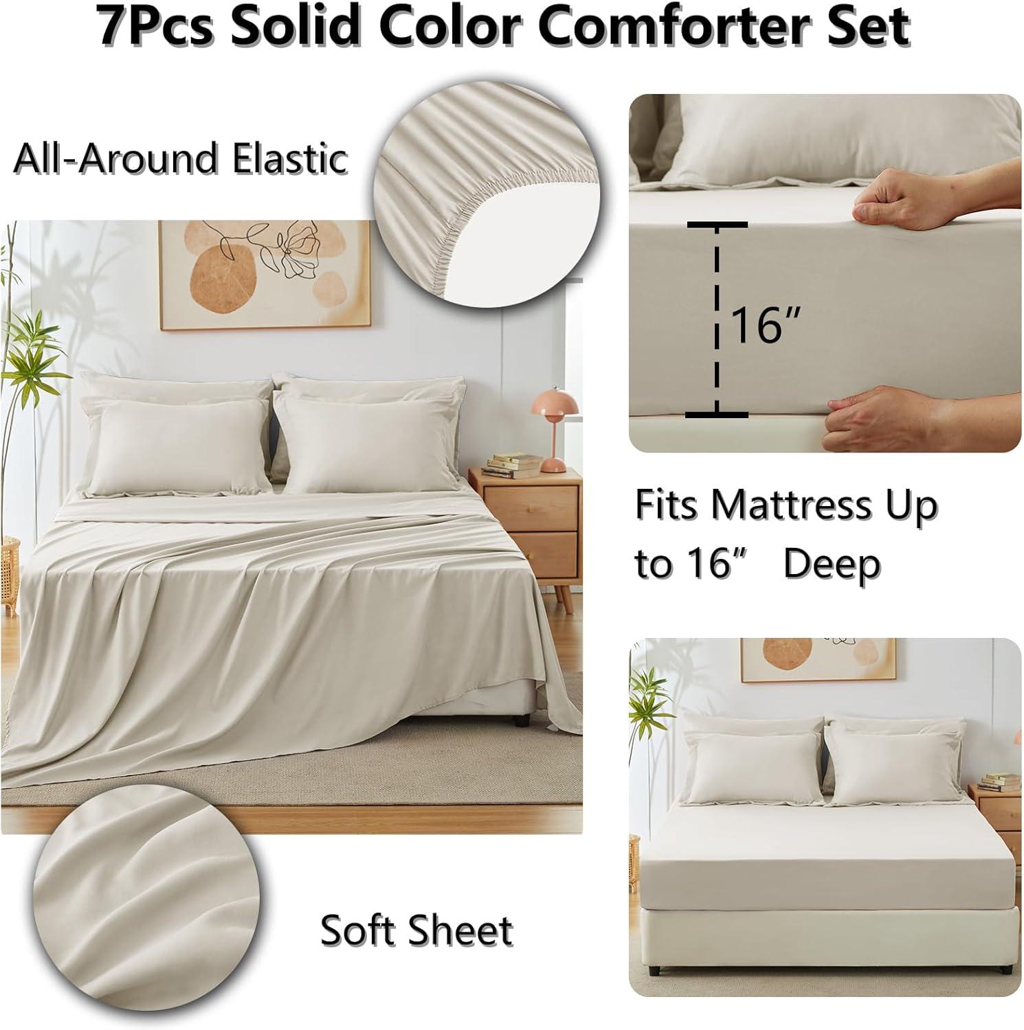 CozyLux Queen Comforter Set Beige, 7 Pieces Bed in a Bag Soft Bedding Comforter Set with Sheets, All Season Boho 7PC Bed Sets with Comforter, Fitted Sheets, Flat Sheets, Pillow Shams and Pillowcases