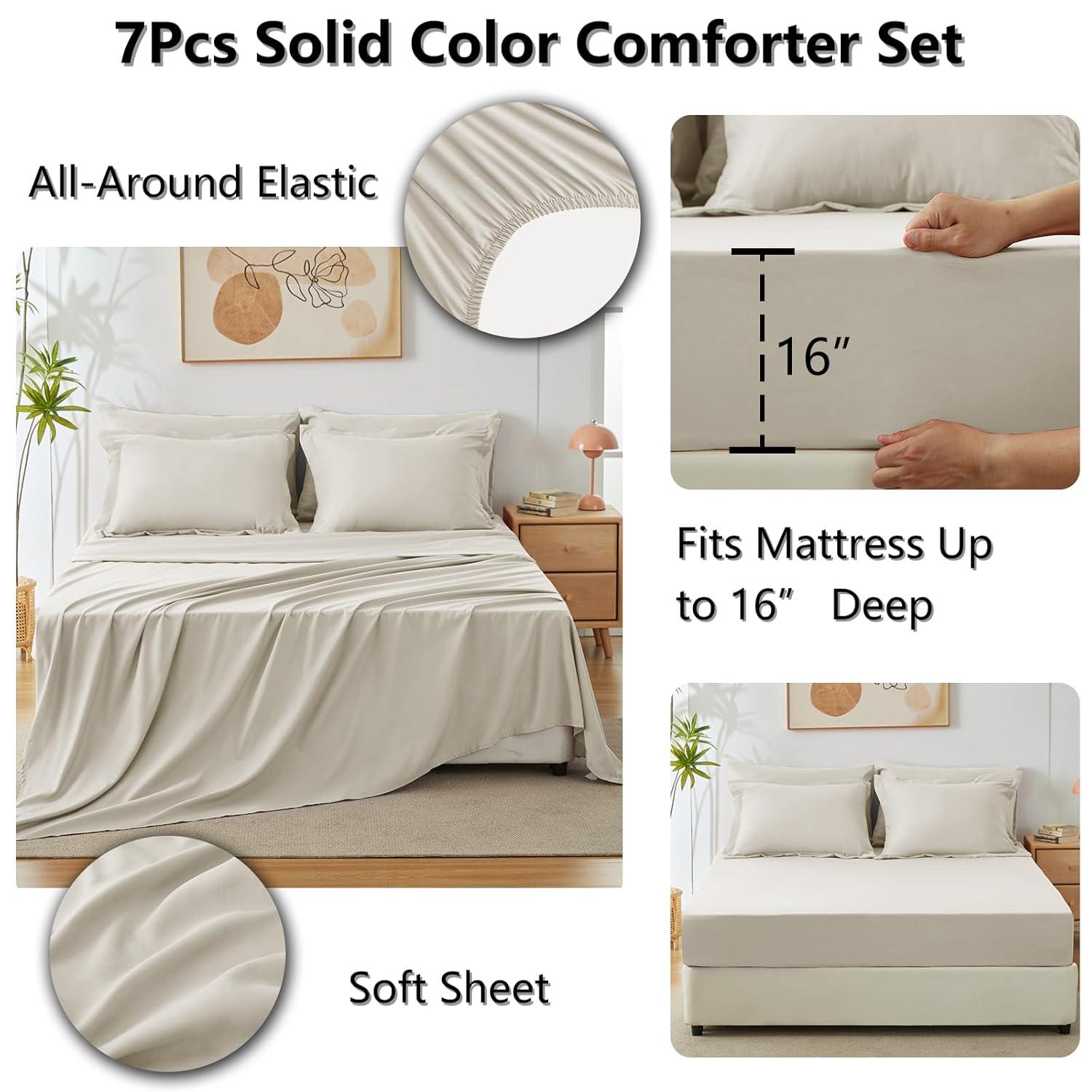 CozyLux Queen Comforter Set Beige, 7 Pieces Bed in a Bag Soft Bedding Comforter Set with Sheets, All Season Boho 7PC Bed Sets with Comforter, Fitted Sheets, Flat Sheets, Pillow Shams and Pillowcases