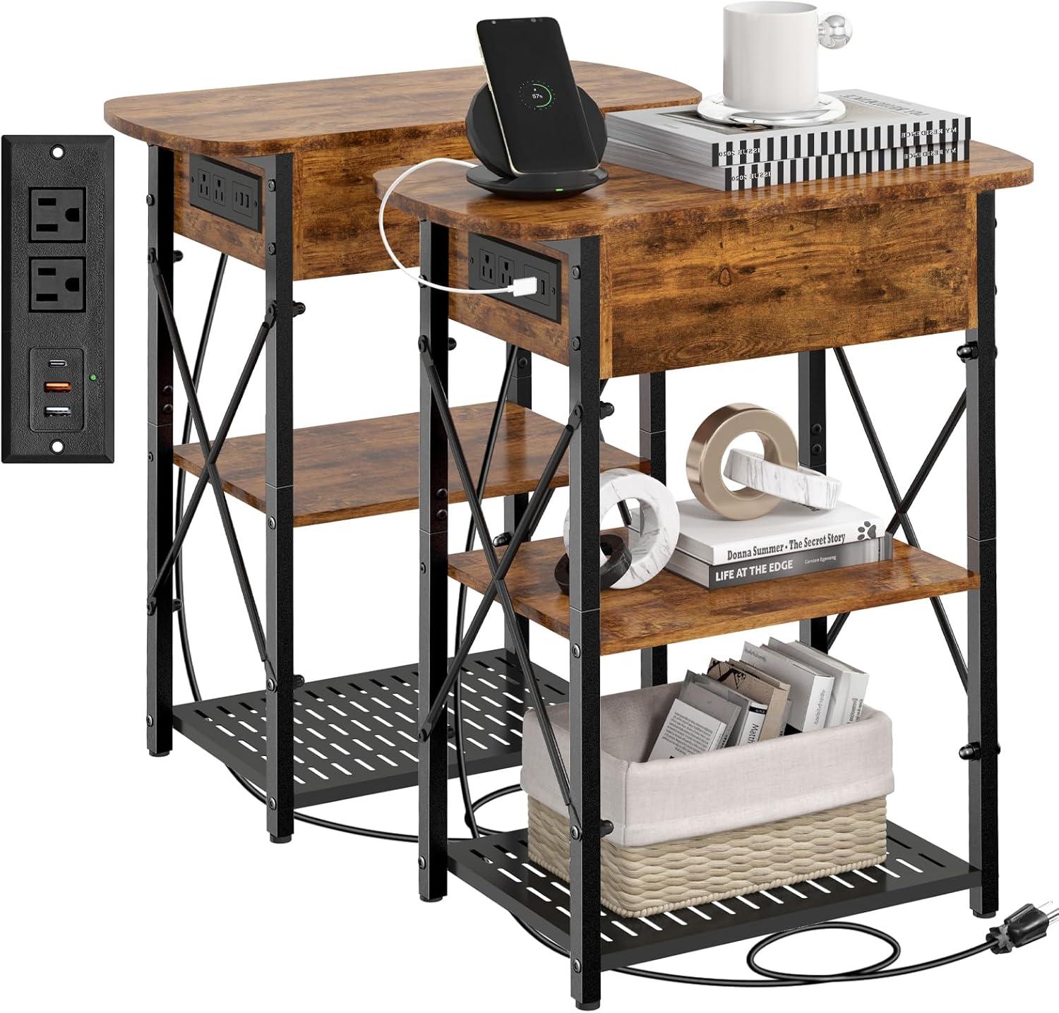 Brown Metal and Wood Flip Top End Tables with Charging Station