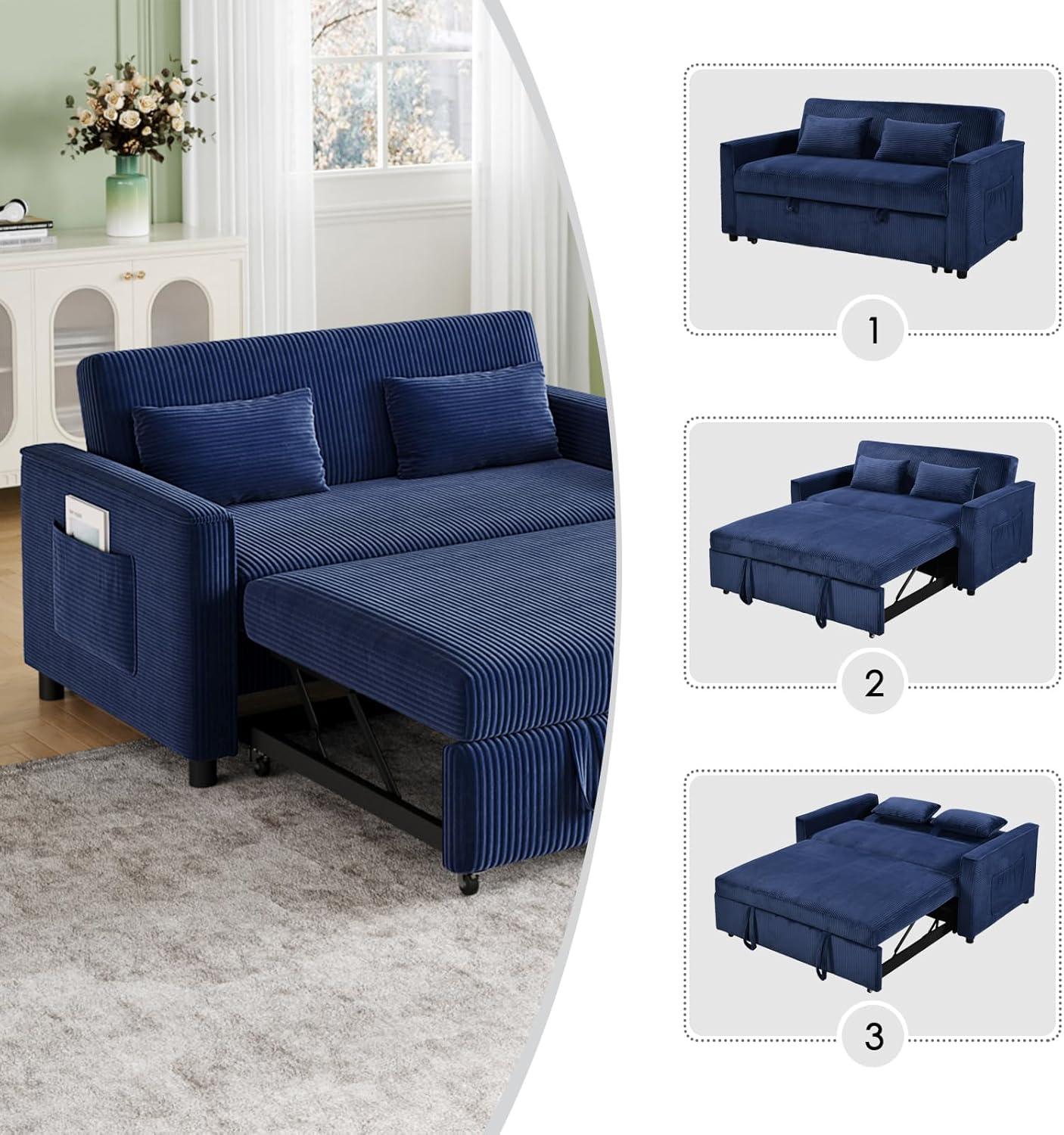 55" Modern Loveseat with Pull Out Bed, 3 in 1 Convertible Velvet Sleeper Sofa Bed with Adjustable Backrest & 2 Pillows, 2 Detachable Arm Pocket for Small Space, Living Room, Apartment, Blue