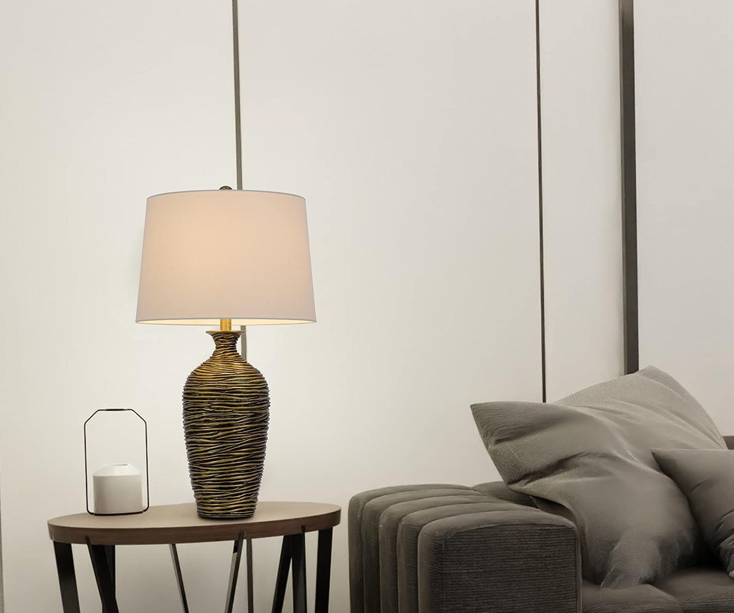 150W 3-Way Aurora Resin Table Lamp with Hardback Taper Drum Fabric Shade, Antique Bronze
