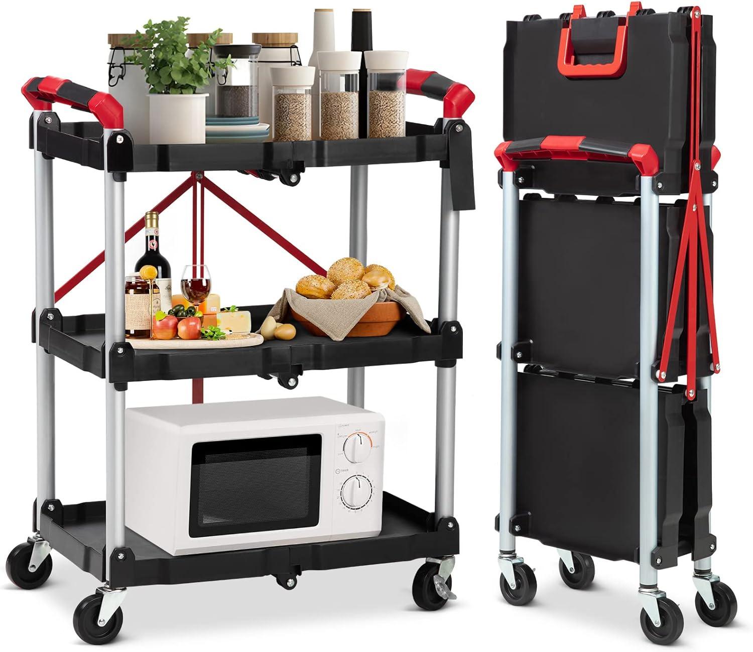 Gray and Red 3-Tier Folding Aluminum Utility Cart