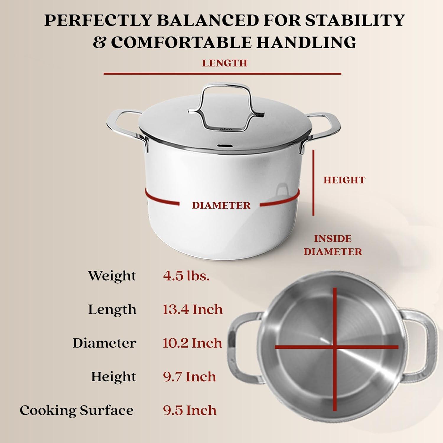 Alva Maestro 8 Qt. Stainless Steel Stock Pot with Lid Scratch Resistant Non-Toxic PFAS Free Compatible with All Stovetops Oven Safe & Induction Safe