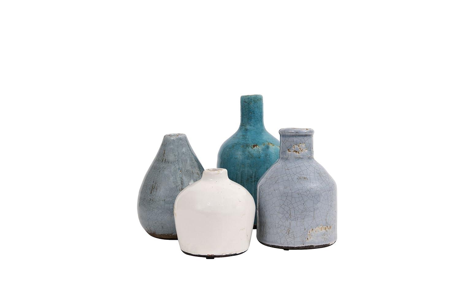 Storied Home Set of 4 Terra-cotta Vases Blue & White - Handmade Pottery, Not Dishwasher-Safe