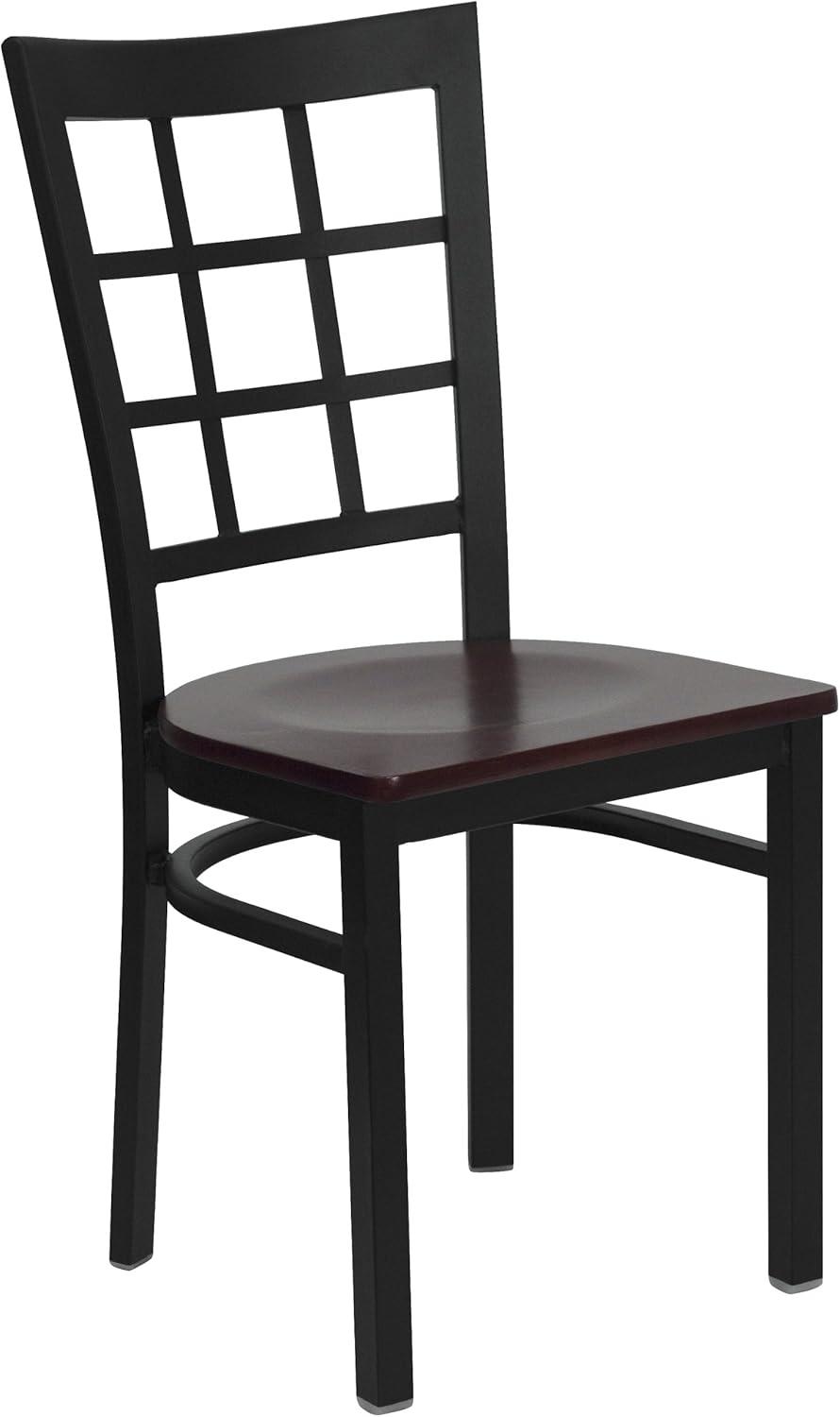 Elegant Window Back Steel Side Chair with Mahogany Wood Seat