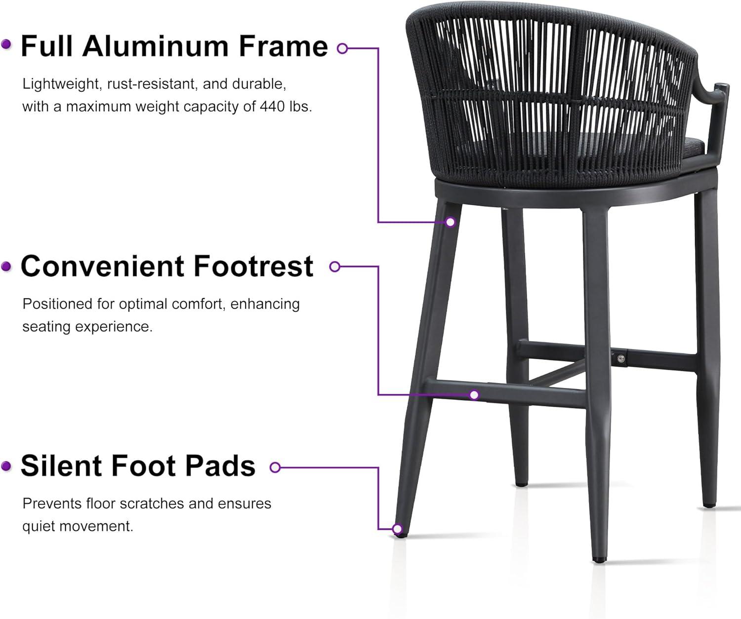 PURPLE LEAF Patio Bar Stools Set of 2 Outdoor Wicker Modern High Bar Chairs Metal Cushioned Barstools with Backs and Ergonomic Armrest for Balcony Garden Indoor Kitchen Island, Gray