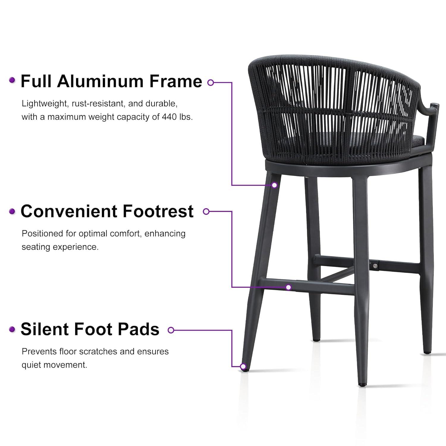 PURPLE LEAF Patio Bar Stools Set of 2 Outdoor Wicker Modern High Bar Chairs Metal Cushioned Barstools with Backs and Ergonomic Armrest for Balcony Garden Indoor Kitchen Island, Gray