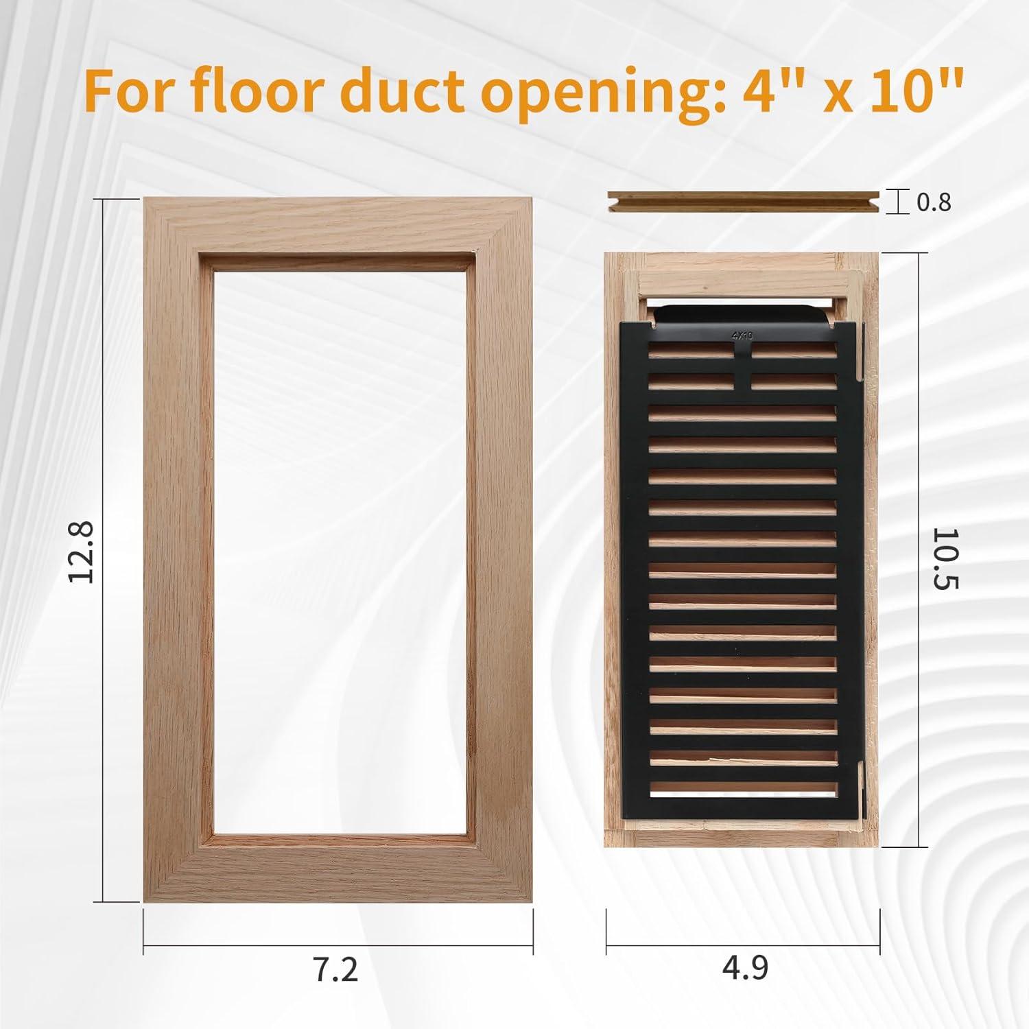 Hardwood White Oak Floor Register, Flush Mount with Frame, 4x10 Inch, Unfinished