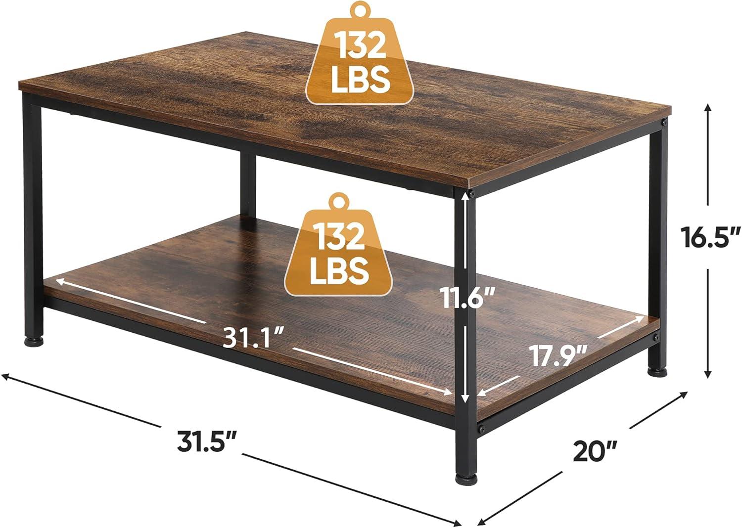 SUPER DEAL 2-Tier Industrial Coffee Table with Storage Shelf for Small Apartment Living Room, Rectangle Wood and Stable Metal TV Stand Side End Table, Rustic Brown