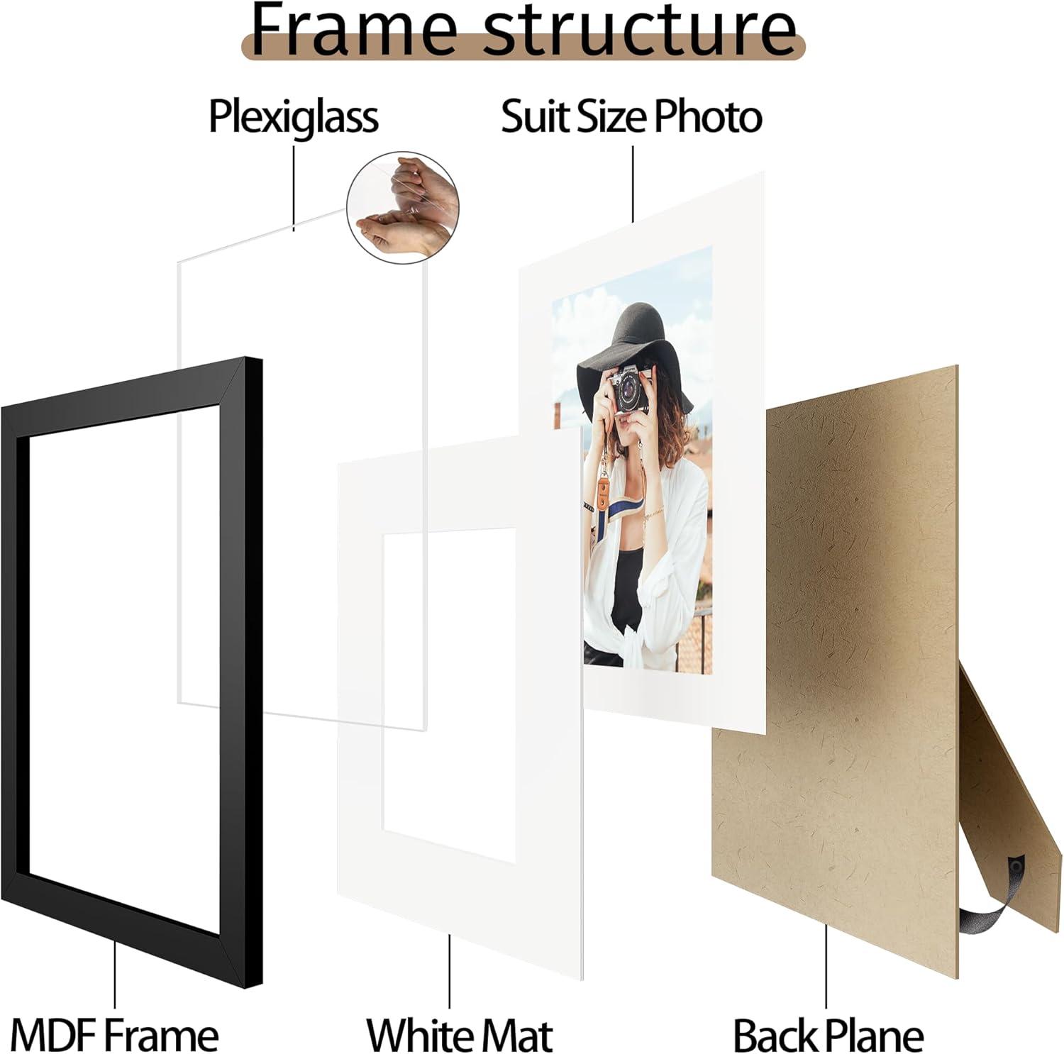 Picrit 8.5x11 Picture Frame Set of 12, Display 6x8 with Mat or 8.5 x 11 without Mat, Photo Frames for Wall Mounting or Table Top Display, Black