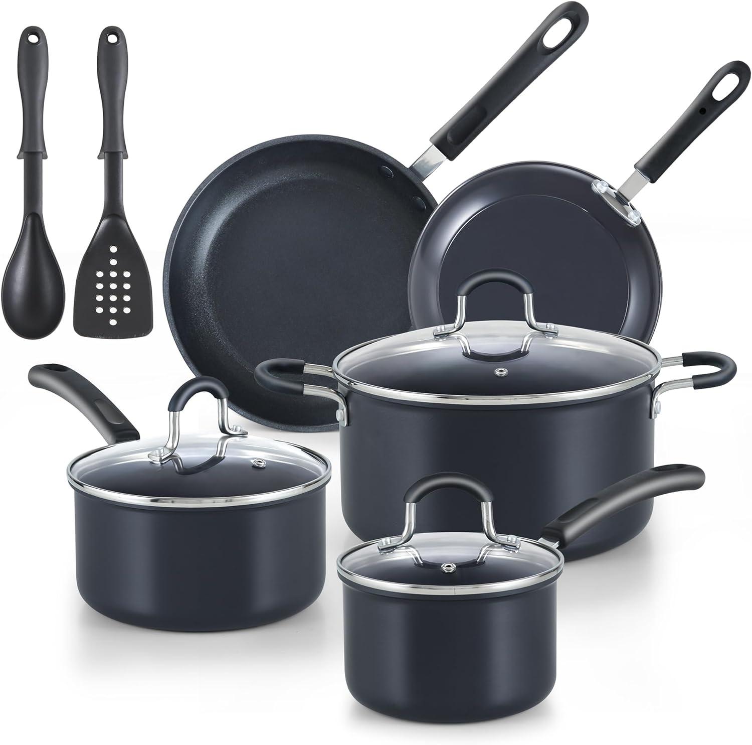 10-Piece Black Aluminum Nonstick Cookware Set with Stay-Cool Handles