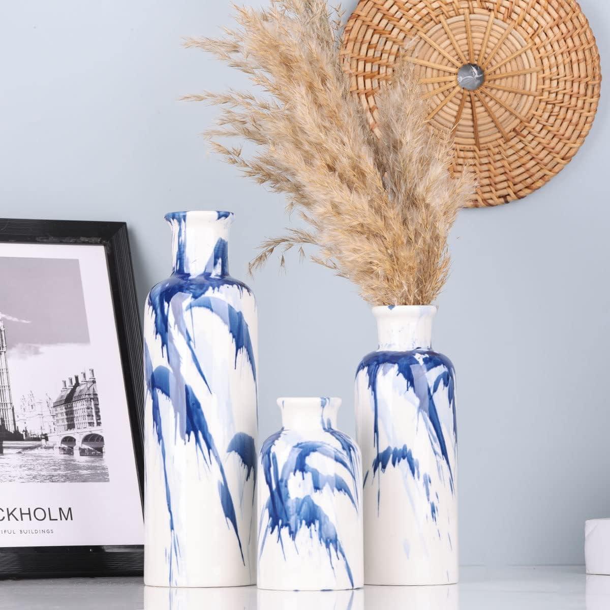 Orren Ellis Blue Ceramic Vase Set Of 3 - Decorative Navy Blue And White Vase For Centerpieces, Farmhouse And Home Decor - Ideal For Living Room, Kitchen, Bedroom, Dining Table And Office Decor