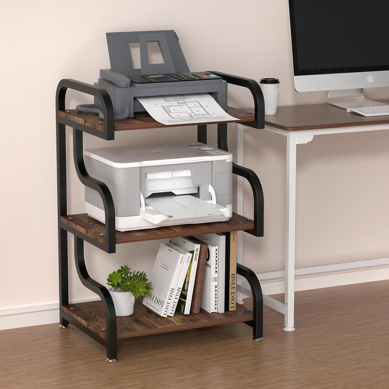 Printer Stand, 3-Tier Large Printer Stand, Durable Materials and Ample Storage Space, Printer Table for Home Office Organization,Rustic Brown