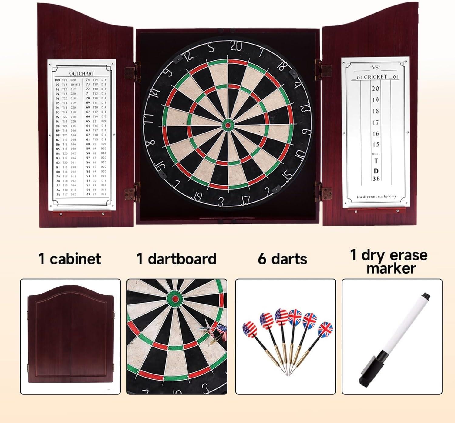 GSE Games & Sports Expert Deluxe Solid Wood Classic Dartboard Cabinet Set with Sisal Fiber Dartboard, Dart Scoreboard and 6 Steel Tip Darts for Target Game Indoor Game (Dark Cherry)