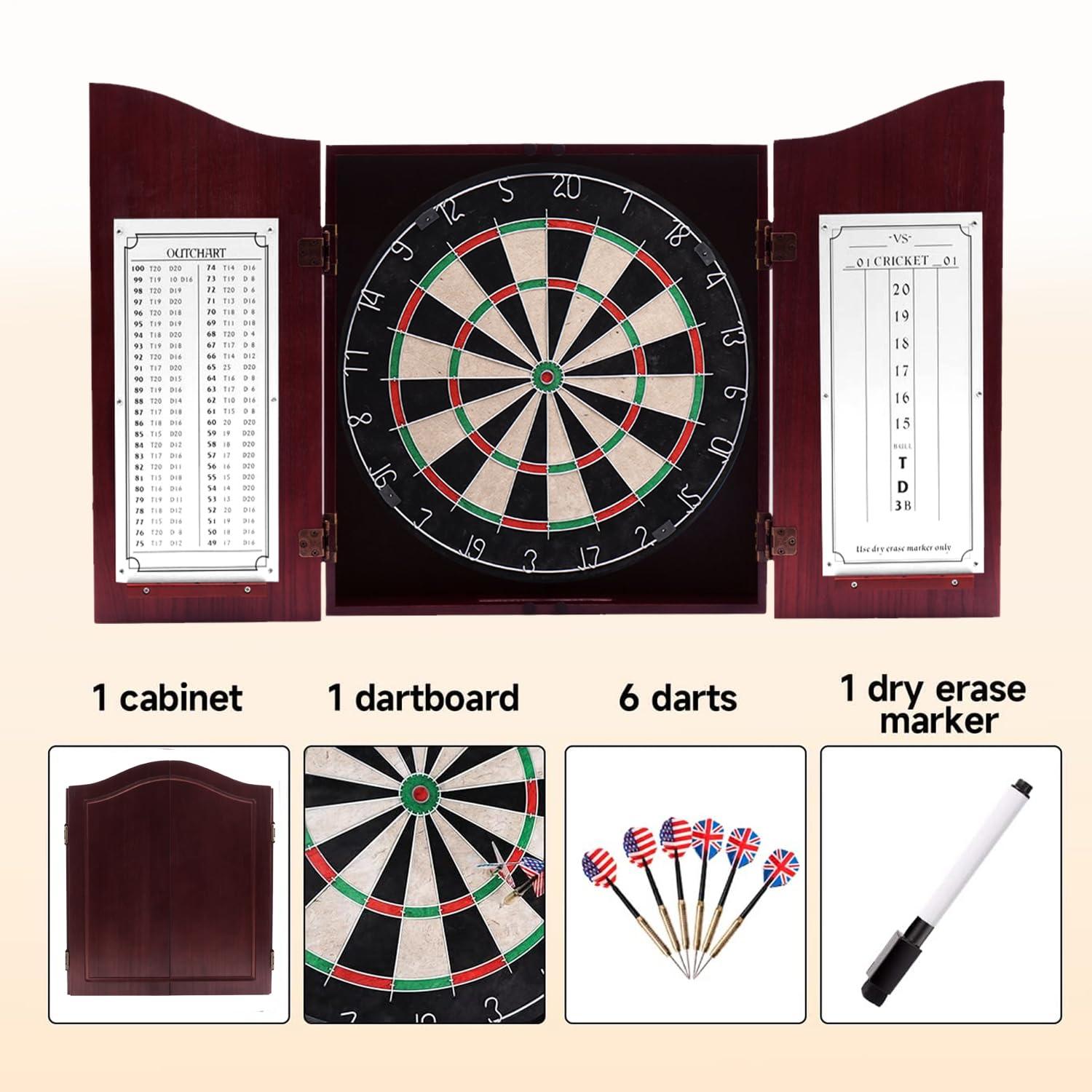GSE Games & Sports Expert Deluxe Solid Wood Classic Dartboard Cabinet Set with Sisal Fiber Dartboard, Dart Scoreboard and 6 Steel Tip Darts for Target Game Indoor Game (Dark Cherry)