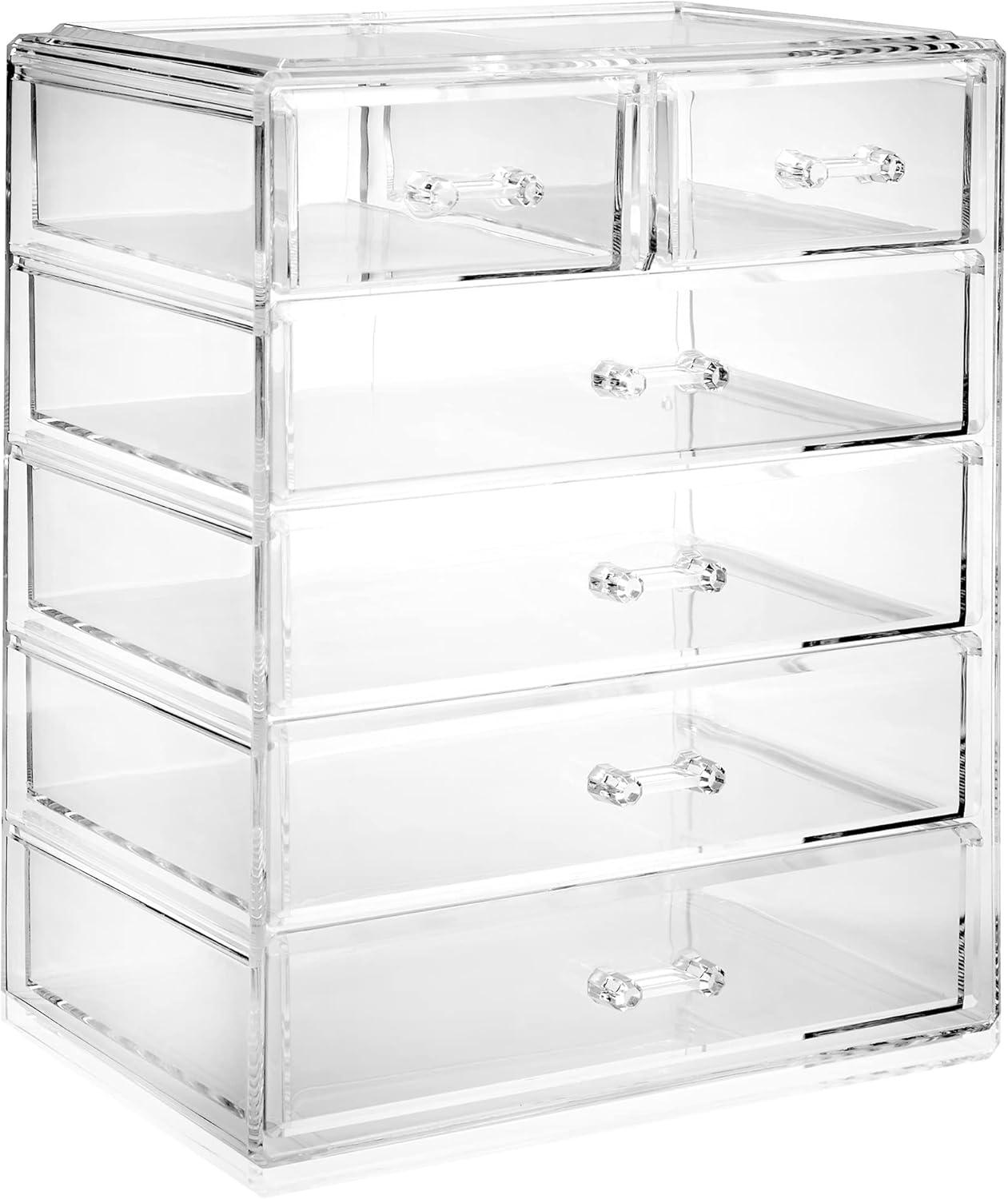 Casafield Makeup Storage Organizer, Clear Acrylic Cosmetic & Jewelry Organizer with 4 Large and 2 Small Drawers