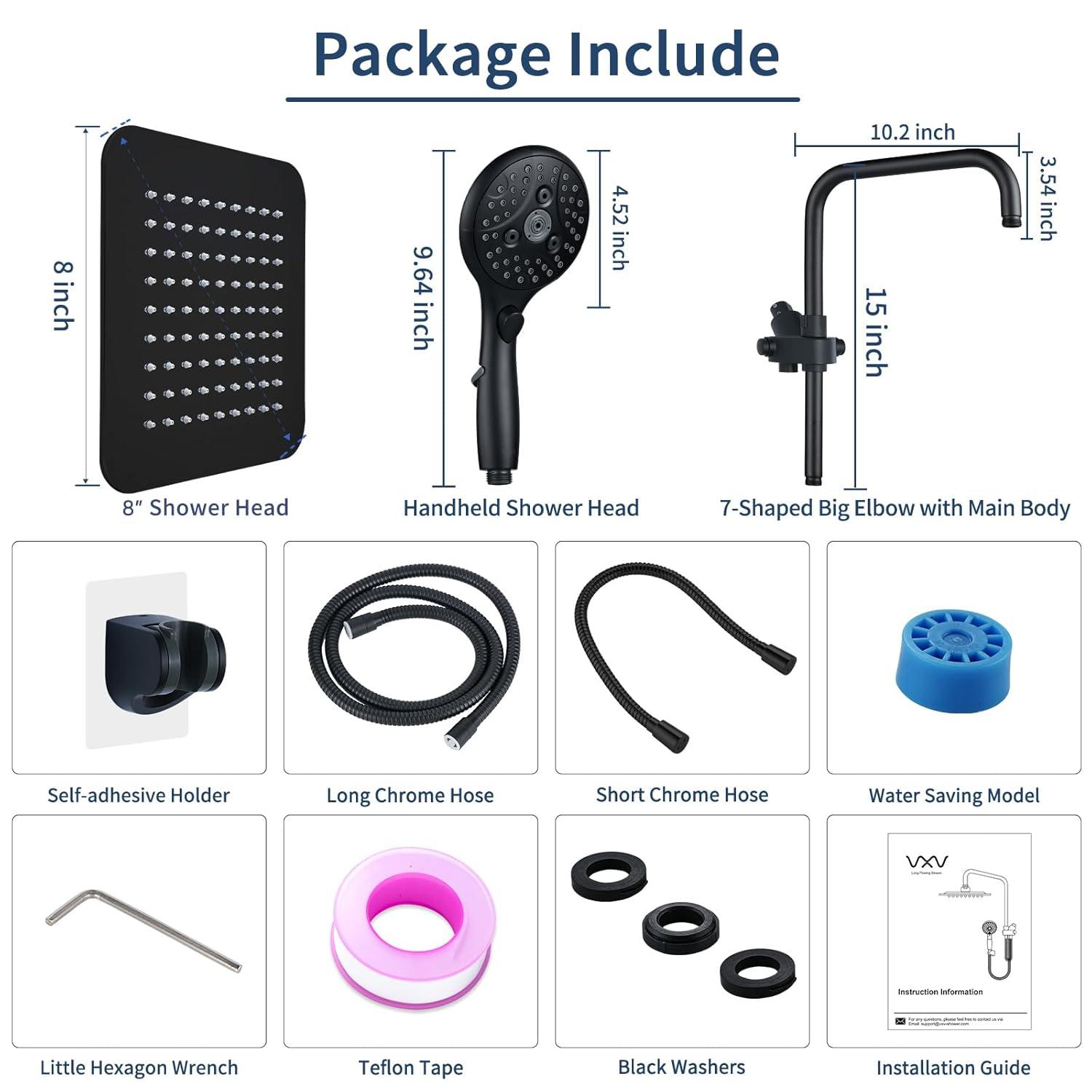 8" Dual Shower Head Combo, Rainfall Shower Head with Handheld, 6 Spray Settings Angle Adjustable Handheld Shower Head with Pause, Height Adjustable, Matte Black