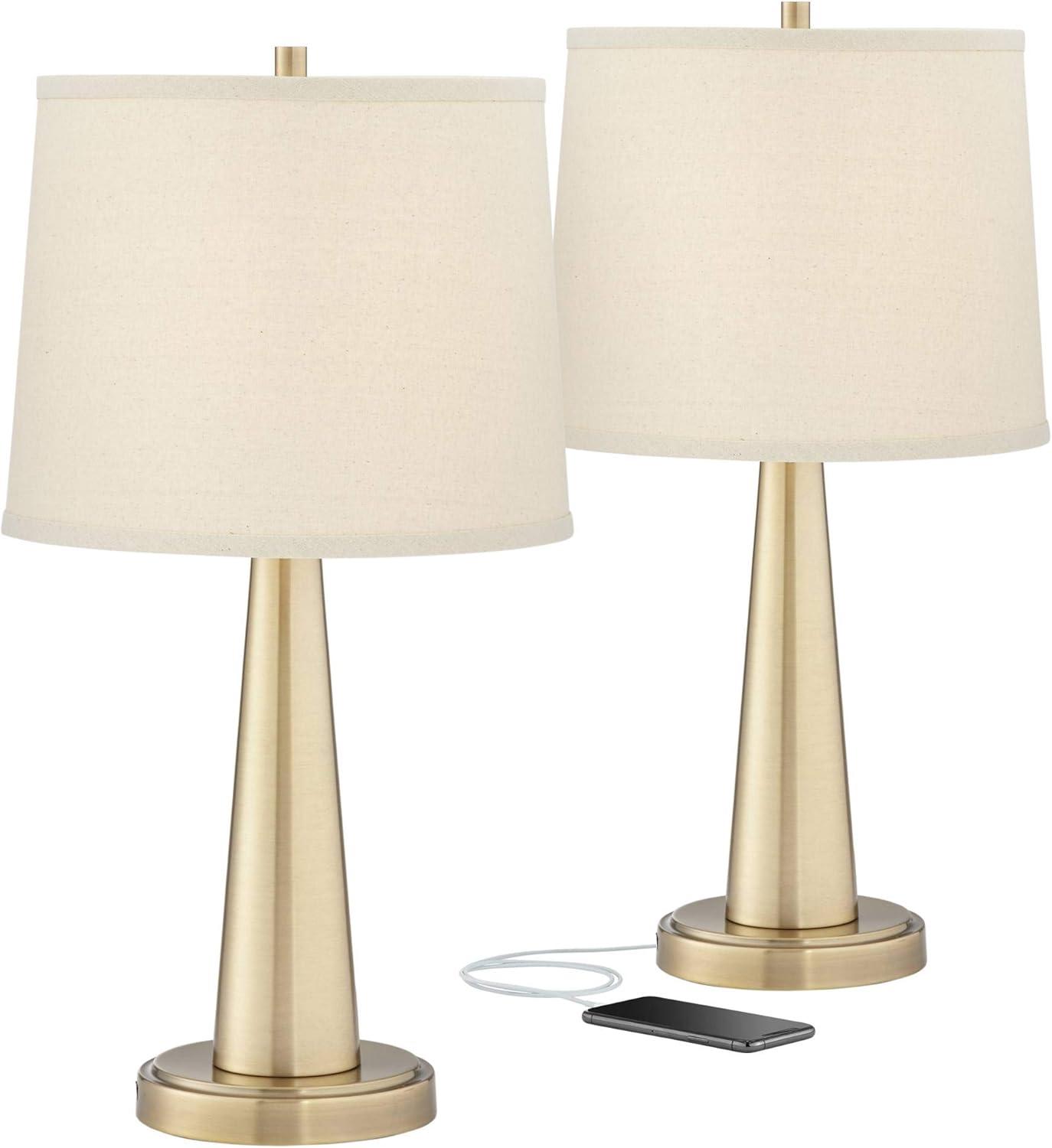 360 Lighting Modern Table Lamps 25" High Set of 2 with USB Charging Port Brass Metal Beige Drum Shade for Bedroom Living Room House Desk Bedside Home