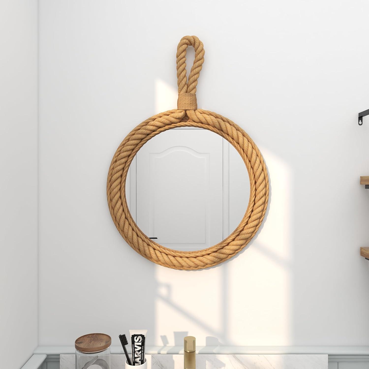 Nautical Round Wood Decorative Mirror with Rope Trim