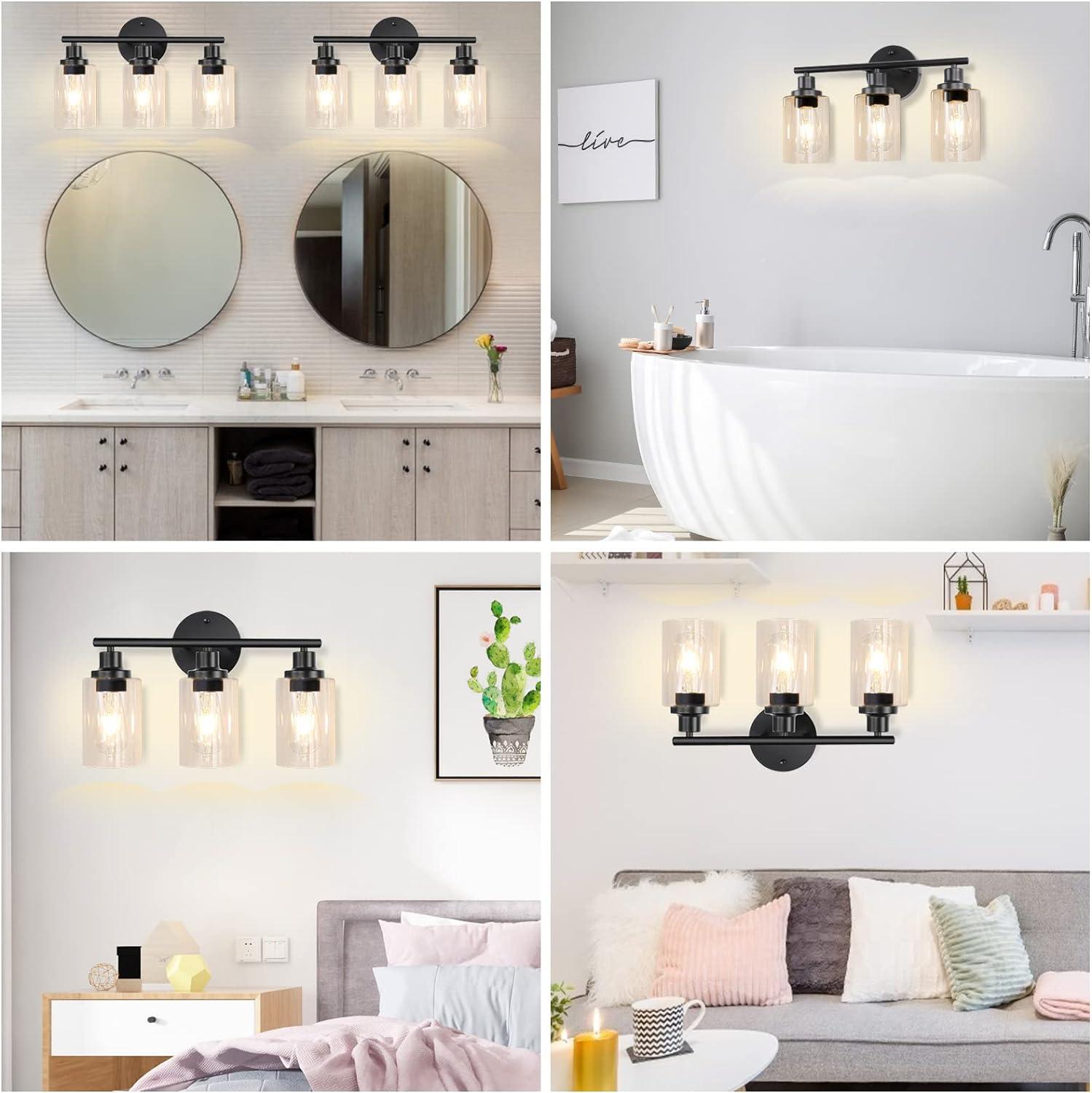 3-Light Bathroom Light Fixtures Bathroom Vanity Lights with Clear Glass Shades Matte Black Bathroom Light Fixtures over mirror for Mirror Living Room Cabinet Bedroom Porch