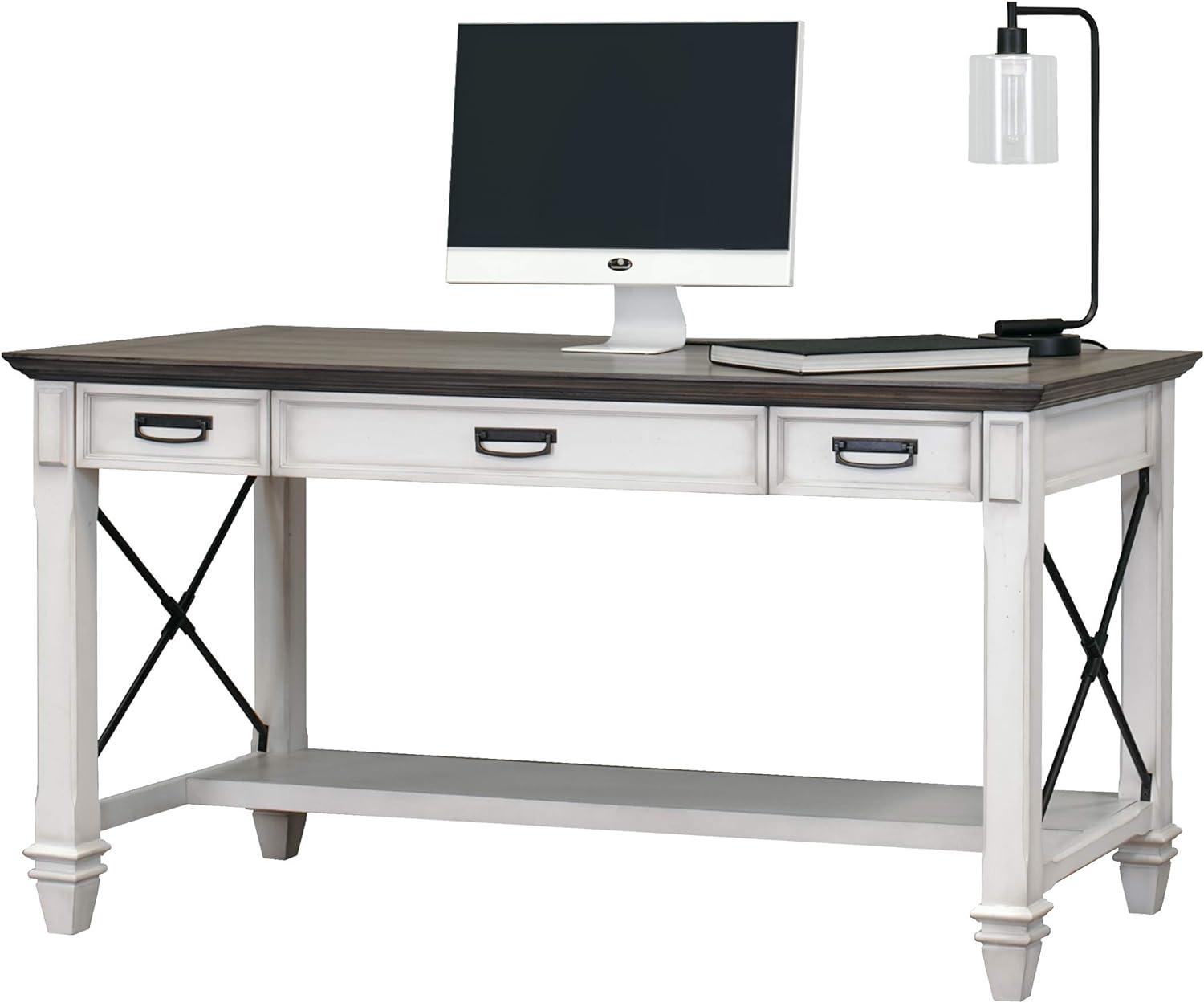 Hartford Traditional White Wood Adjustable Home Office Desk with Drawers & Power Outlets