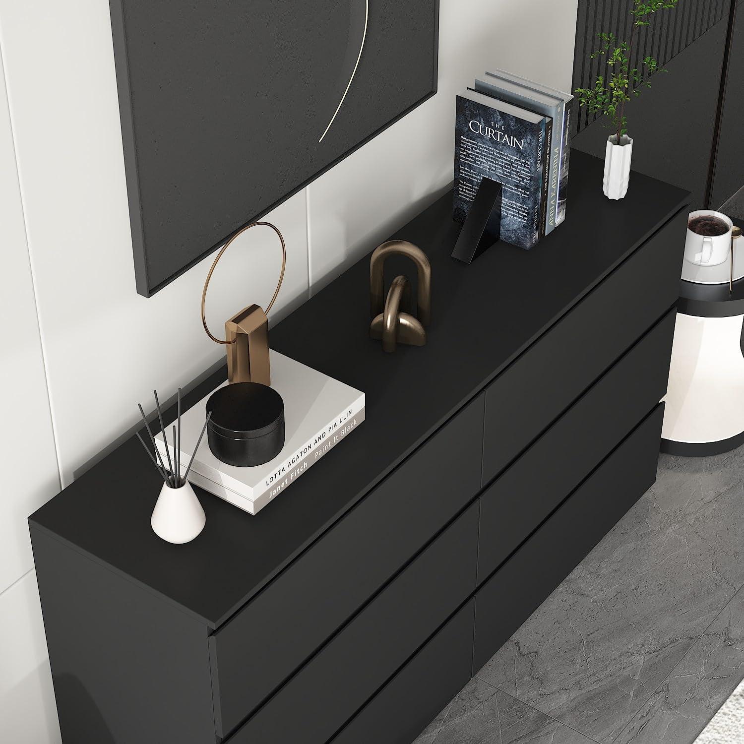 FAMAPY Chest of Drawers Dresser No Handles, 6 Drawer Dresser with Wide Storage, Modern Contemporary 6-Drawer Chest, for Bedroom Black (59”W x 15.7”D x 32.3”H)