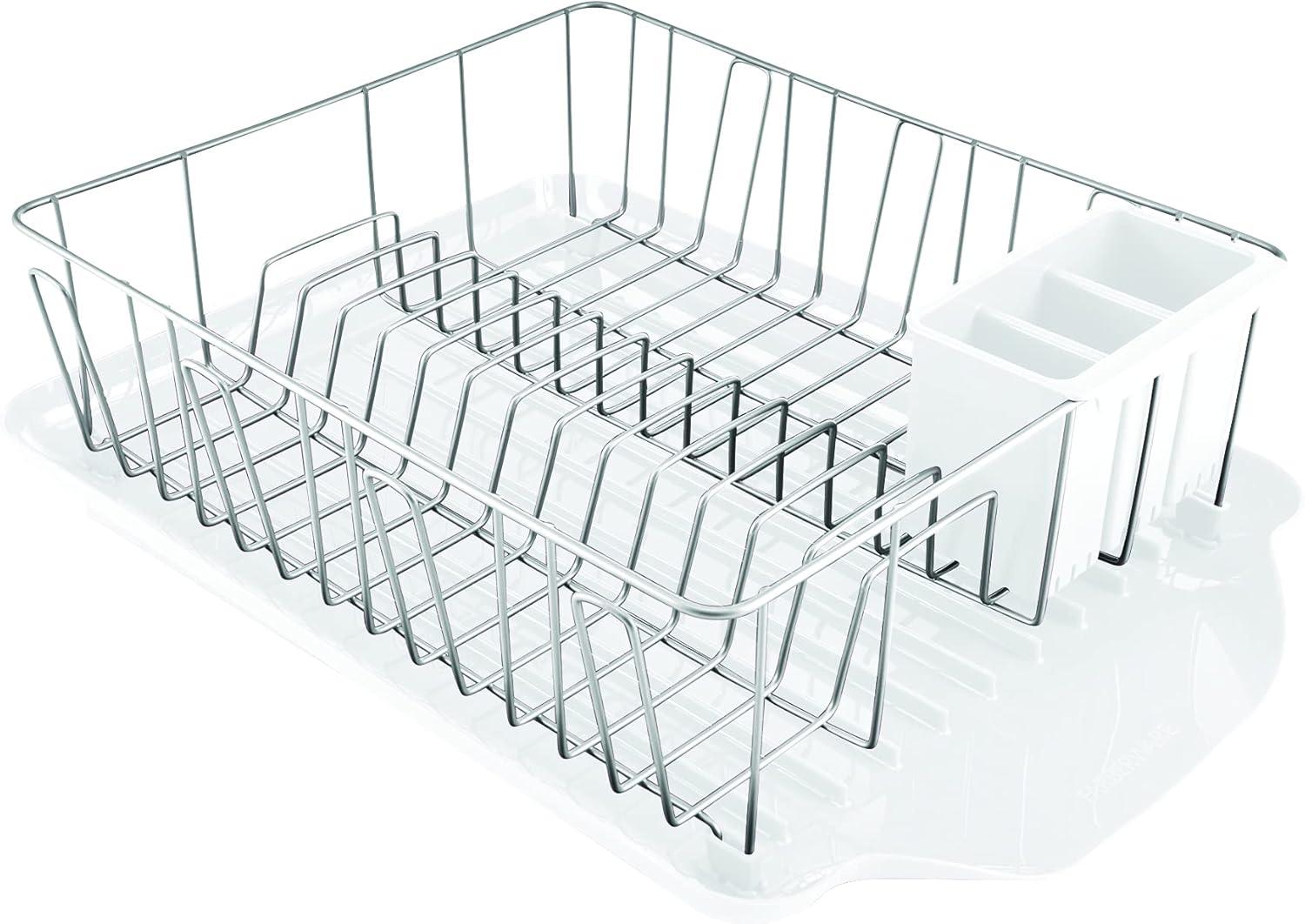 White Plastic and Metal Large Dishrack with Removable Caddy