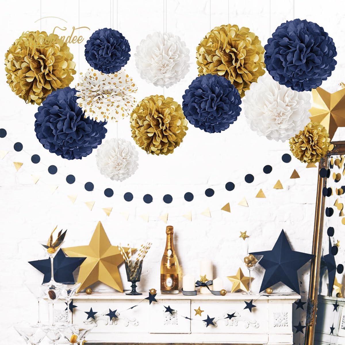 AIM & GGKK Paper Pom Poms Gold Gradient Navy Blue and White Tissue Hanging Paper Pom Poms,Flower Ball Wedding Birthday Party Decoration(12pcs)