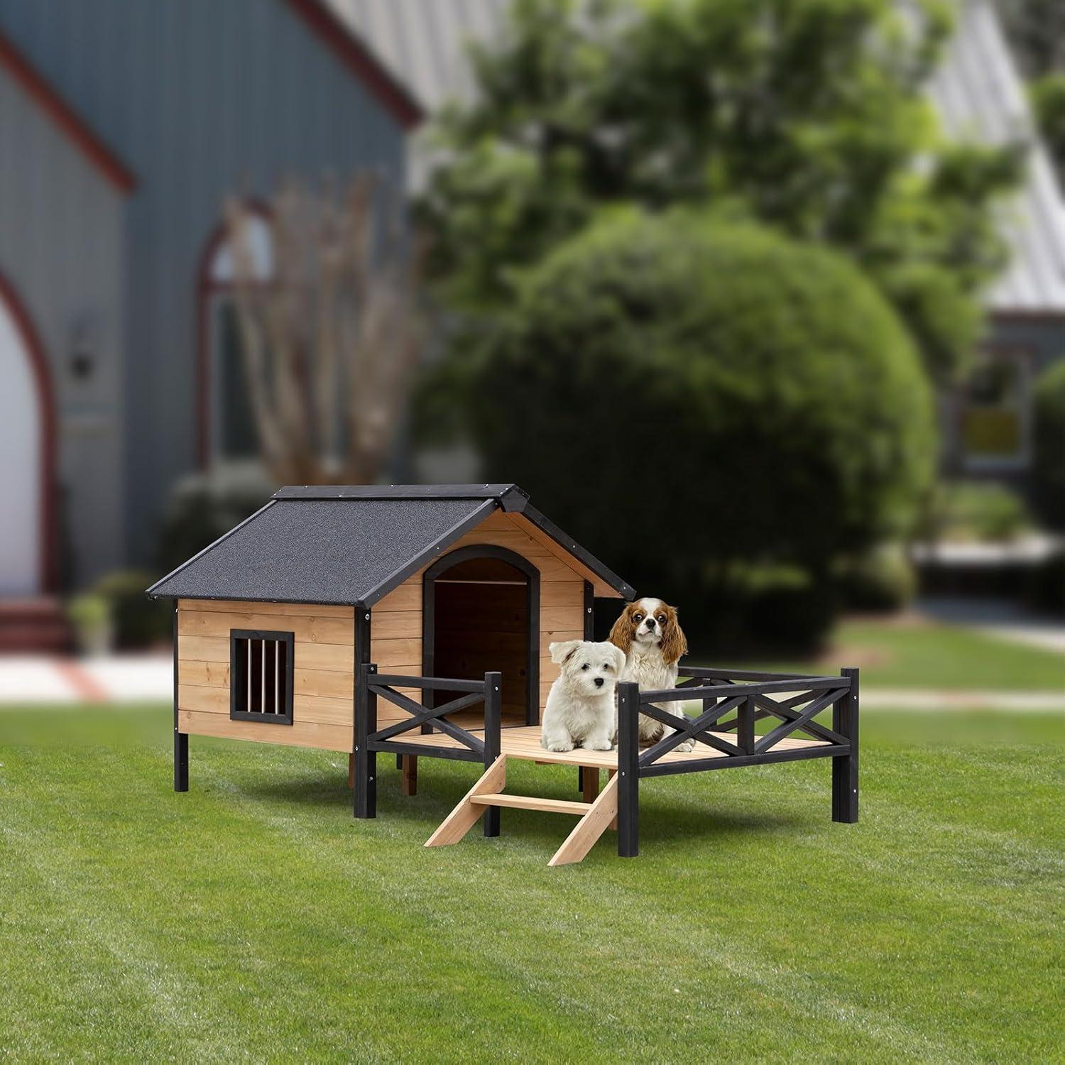 Dog Kennel with Porch, Outdoor Large Cabin House Style Dog Cage, Wooden Pet House for Medium to Large Sized Dogs, Yellow Brown