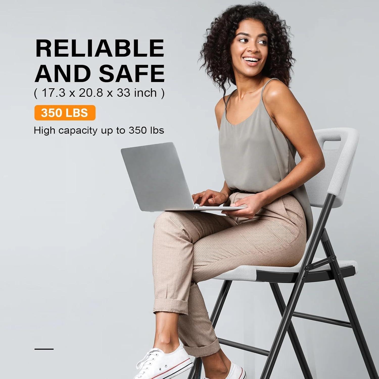 Hassch Plastic Folding Chairs Set of 4, Indoor Outdoor Stackable Chairs with White Seat & Back, Black Steel Frame, Used for Party, Garden, Patio, Dining, Wedding, Camping