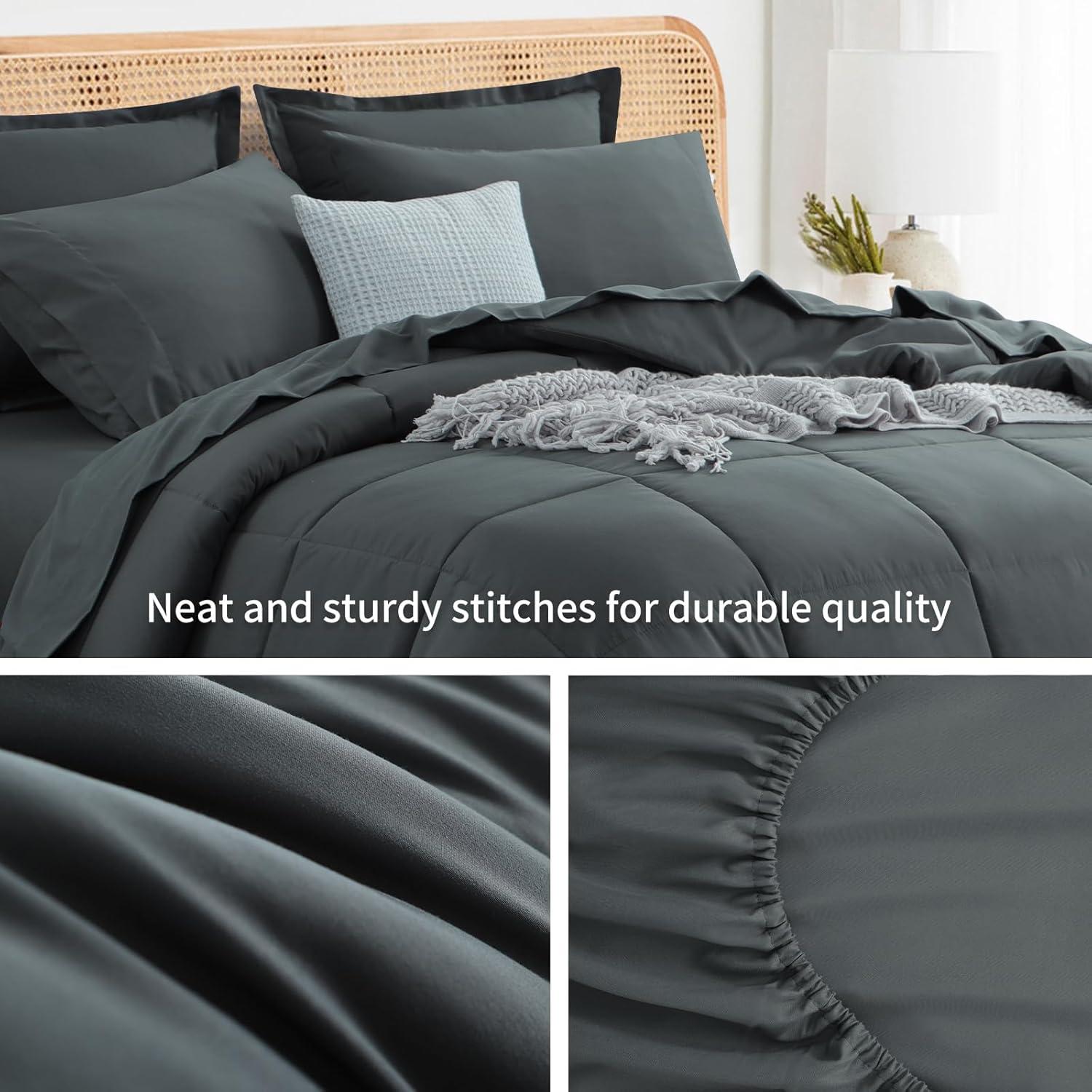 Queen Comforter Set - 7 Pieces Bed in a Bag Set Dark Grey, Bedding Sets Queen with All Season Quilted Comforter, Flat Sheet, Fitted Sheet, Pillowcases, Dark Gray, Queen