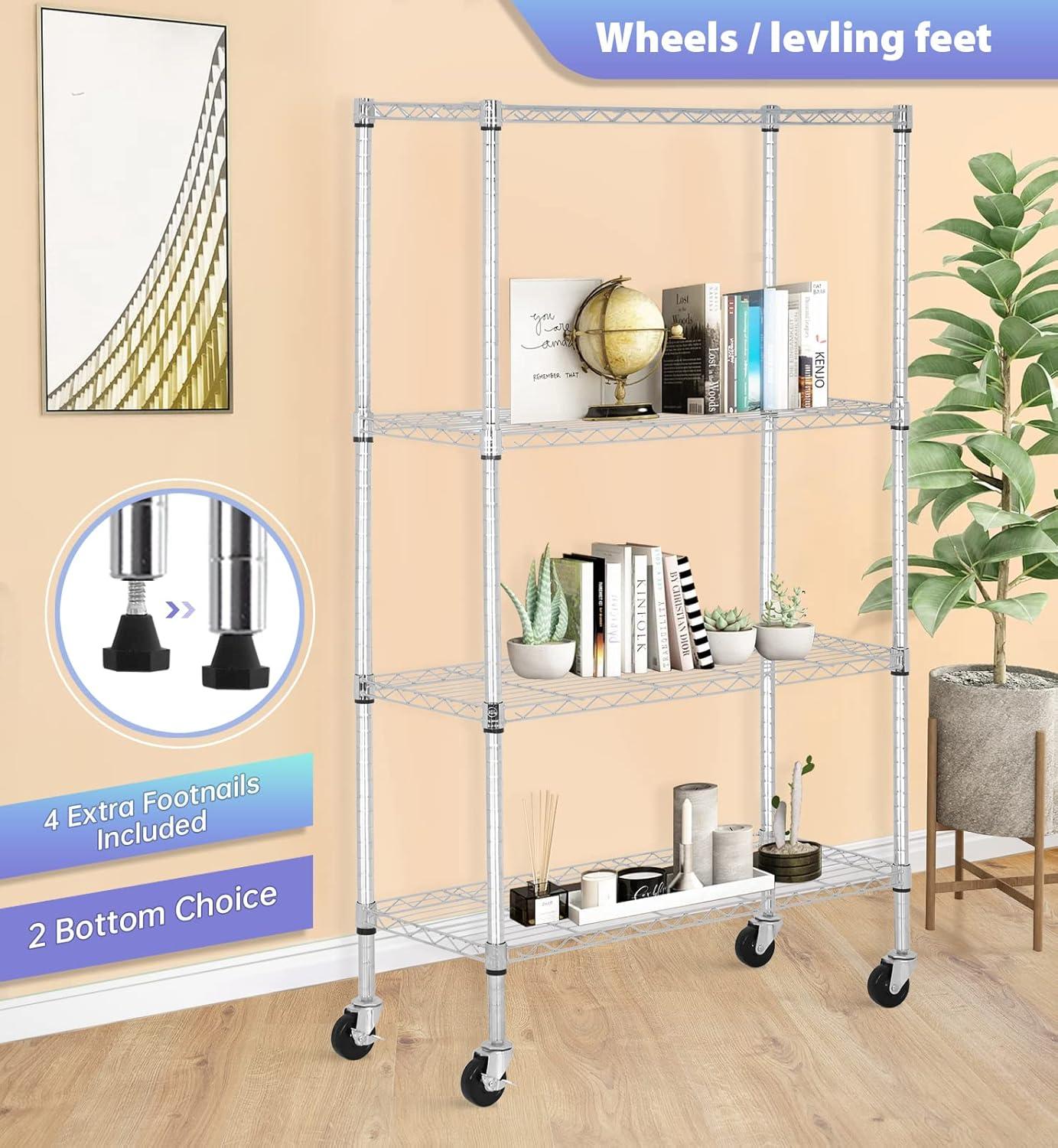 Killeryuki Chrome Storage Shelves, 4-Tier Wire Shelving with Wheels Adjustable Storage Shelves 500lbs Capacity Metal Shelf 36L x 14W x 62H for Office Garage Kitchen Basement Bedroom