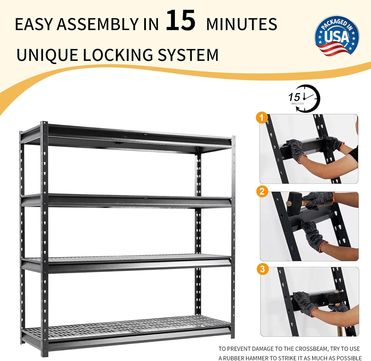 Shuntong The Atlas Load 8000 Lbs 4 Tier Heavy Duty Garage Shelving, 72" W x 24" D x 72" H Metal Storage Shelves, Adjustable Industrial Steel Rack for Warehouse Basement Shop, Black