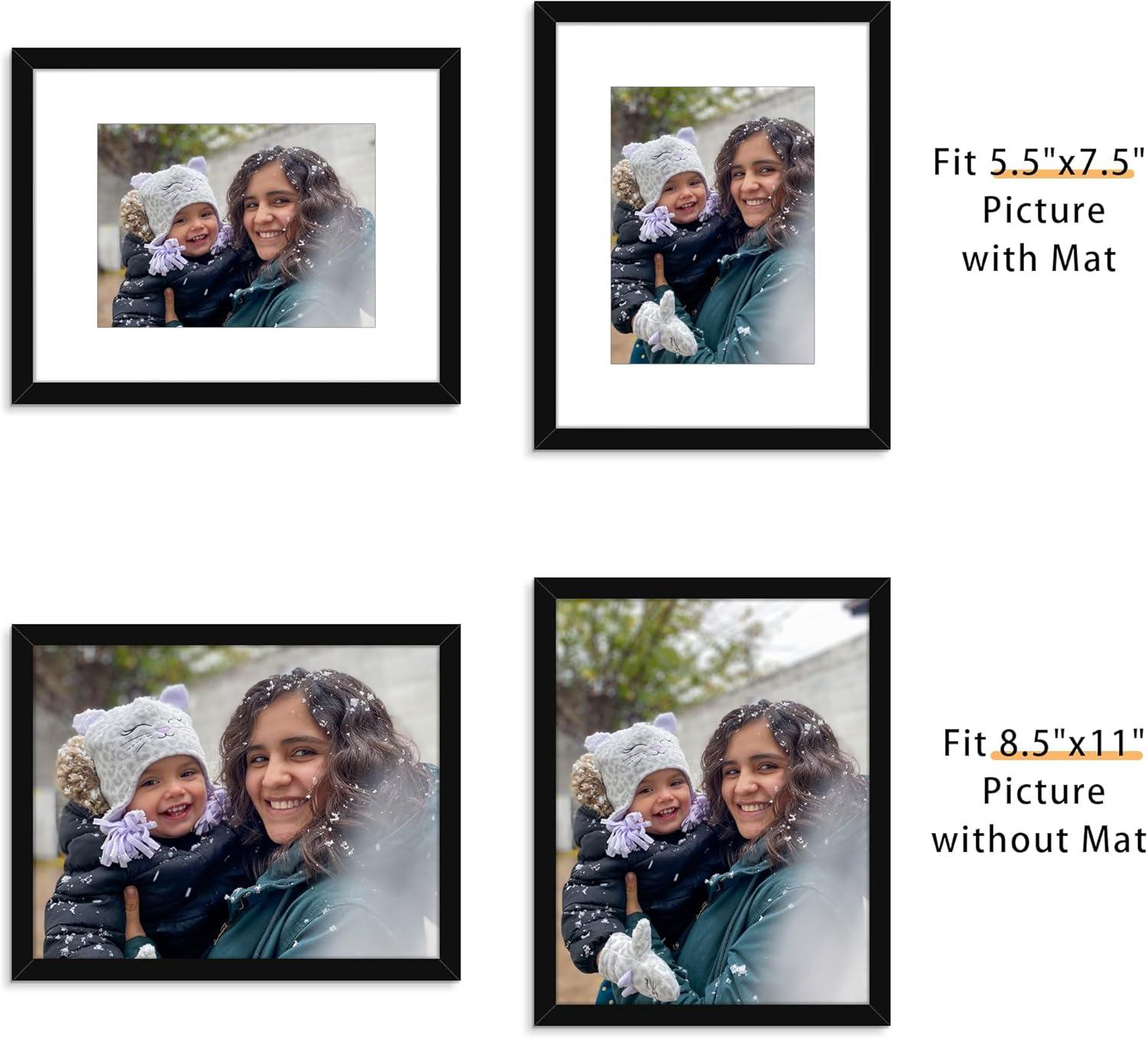 Picrit 8.5x11 Picture Frame Set of 12, Display 6x8 with Mat or 8.5 x 11 without Mat, Photo Frames for Wall Mounting or Table Top Display, Black