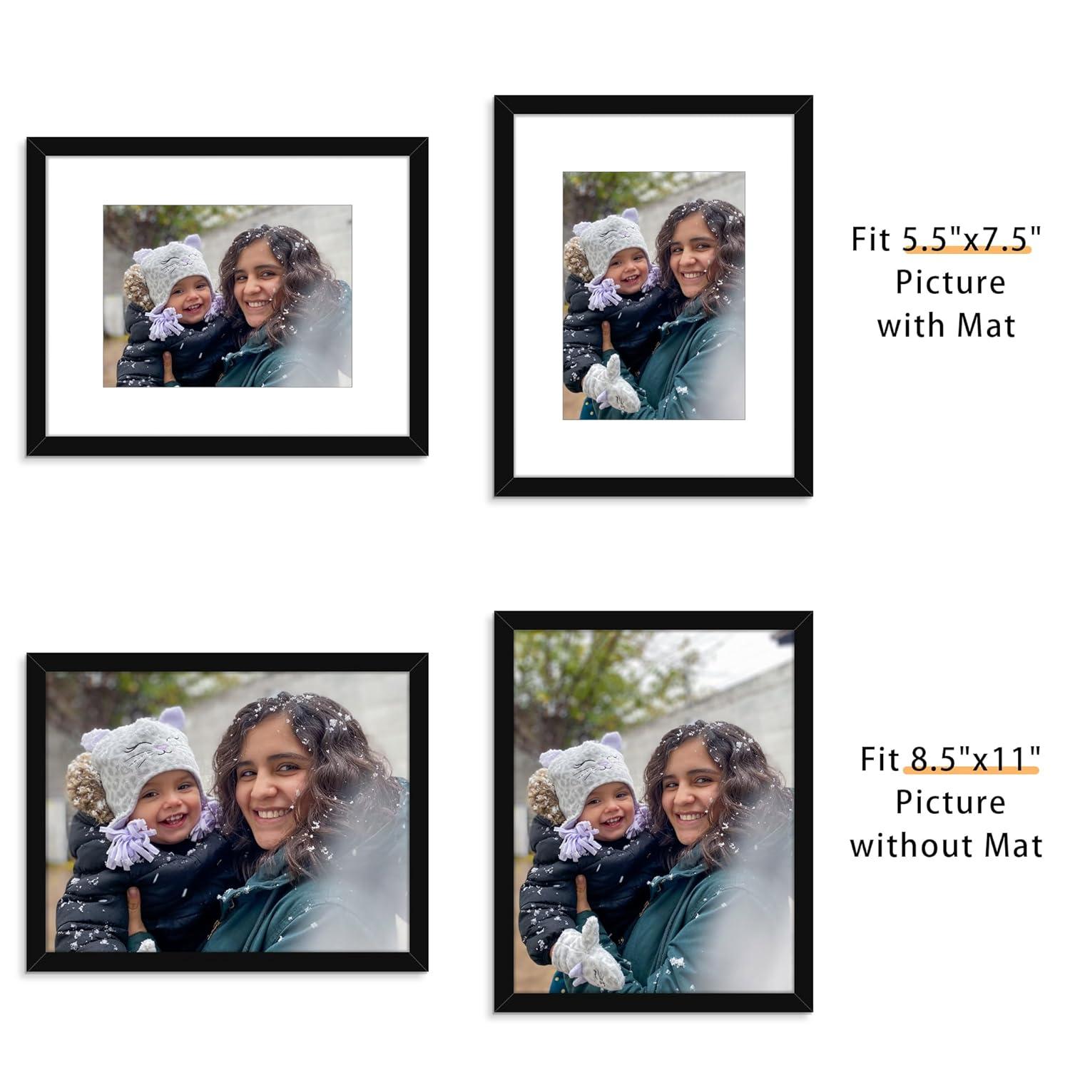 Picrit 8.5x11 Picture Frame Set of 12, Display 6x8 with Mat or 8.5 x 11 without Mat, Photo Frames for Wall Mounting or Table Top Display, Black