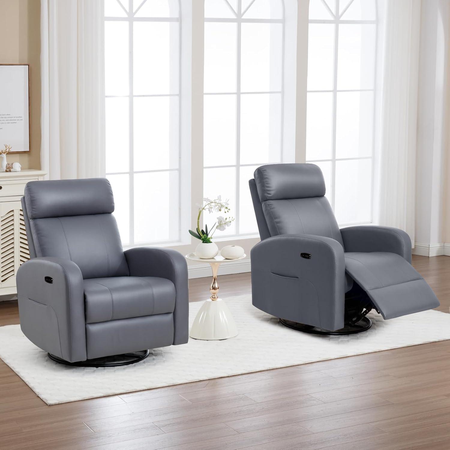 Gray Faux Leather Power Swivel Rocker Recliner with USB Ports