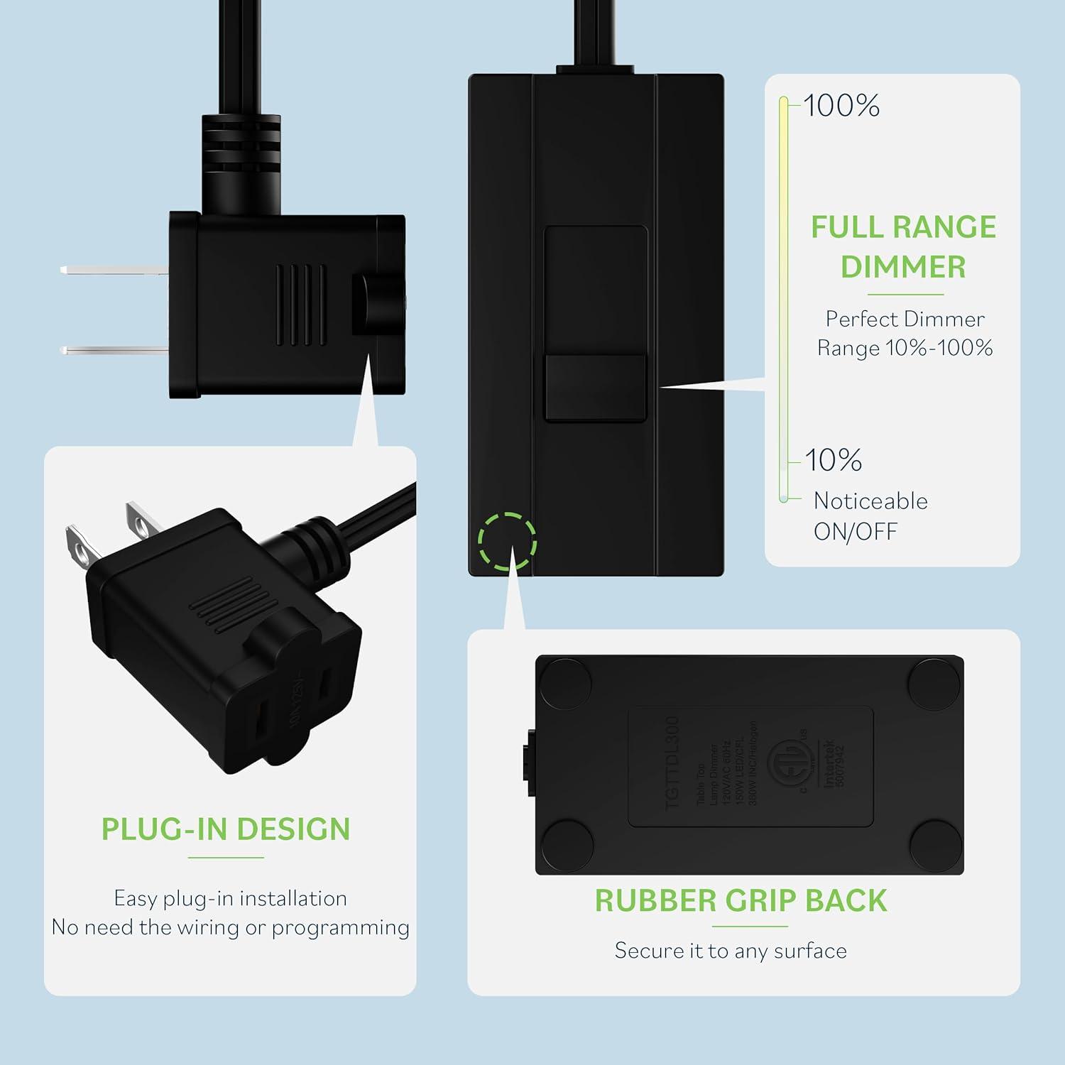 TOPGREENER Table-Top Plug in Lamp Dimmer, Slide Control, Incandescent and Dimmable LED 360 Watt Bulbs, 6ft Cord, 120V 60Hz, Black