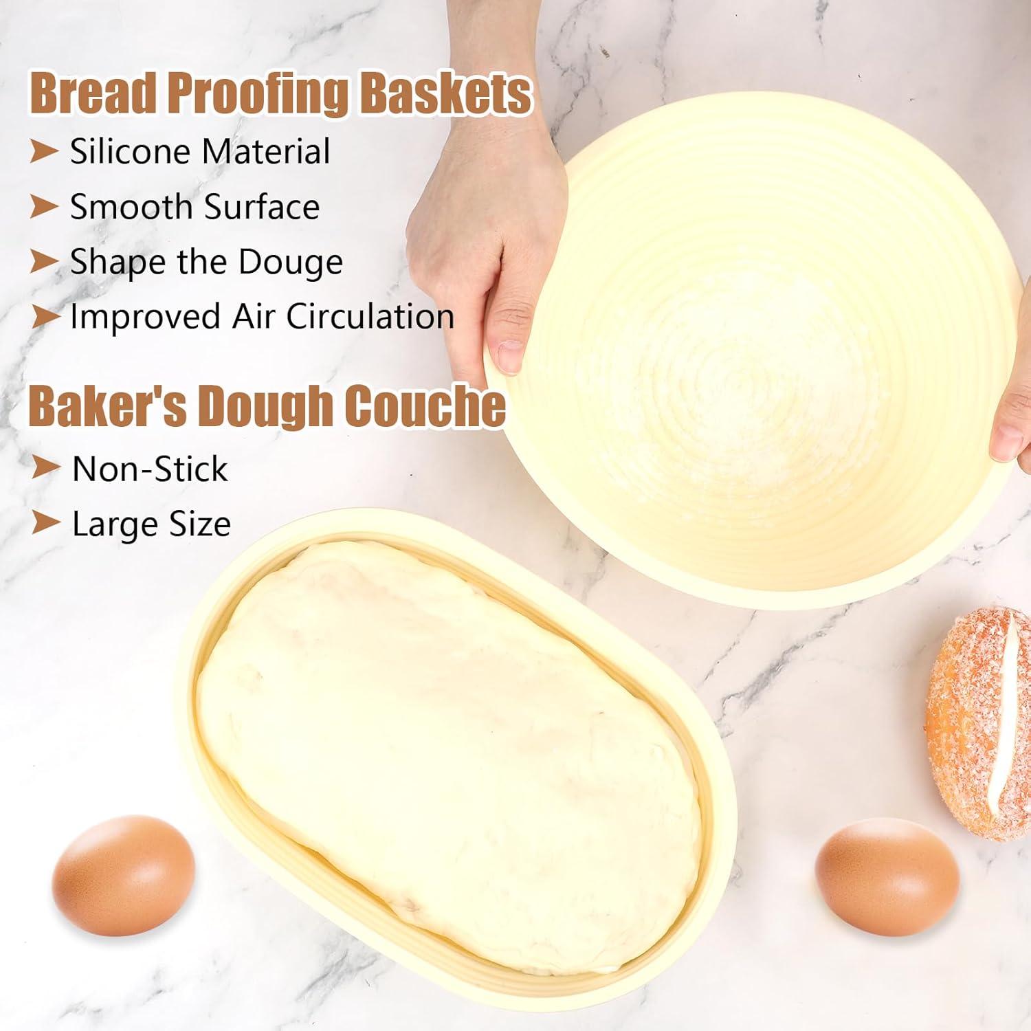 Premium Banneton Bread Proofing Basket Set of 2 - Silicone Sourdough Starter Kit 10 Inch Oval & 9 Food Grade Silicone Material Practical Bread Making Starter Kit