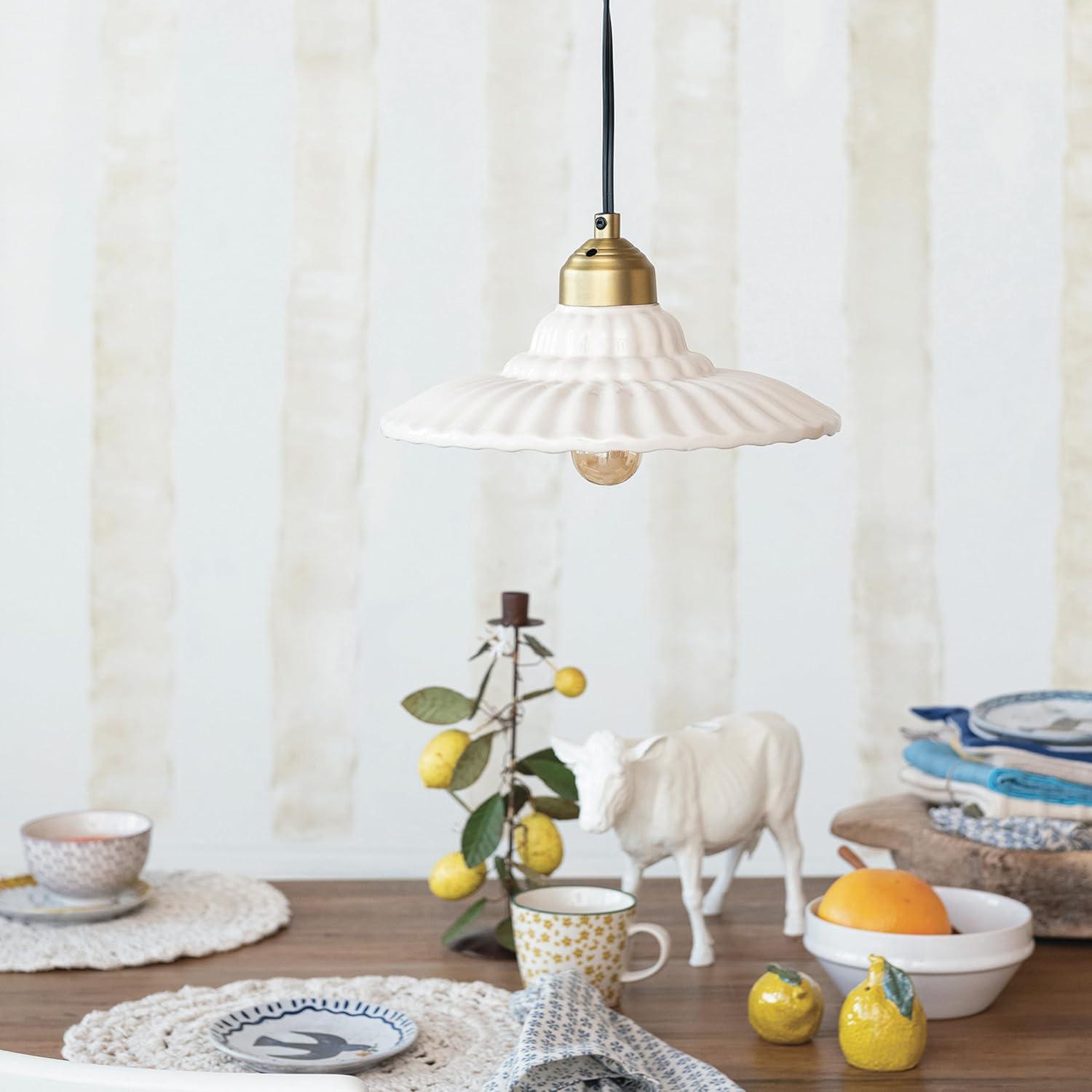 Cream Pleated Stoneware Pendant Lamp with Gold Accents