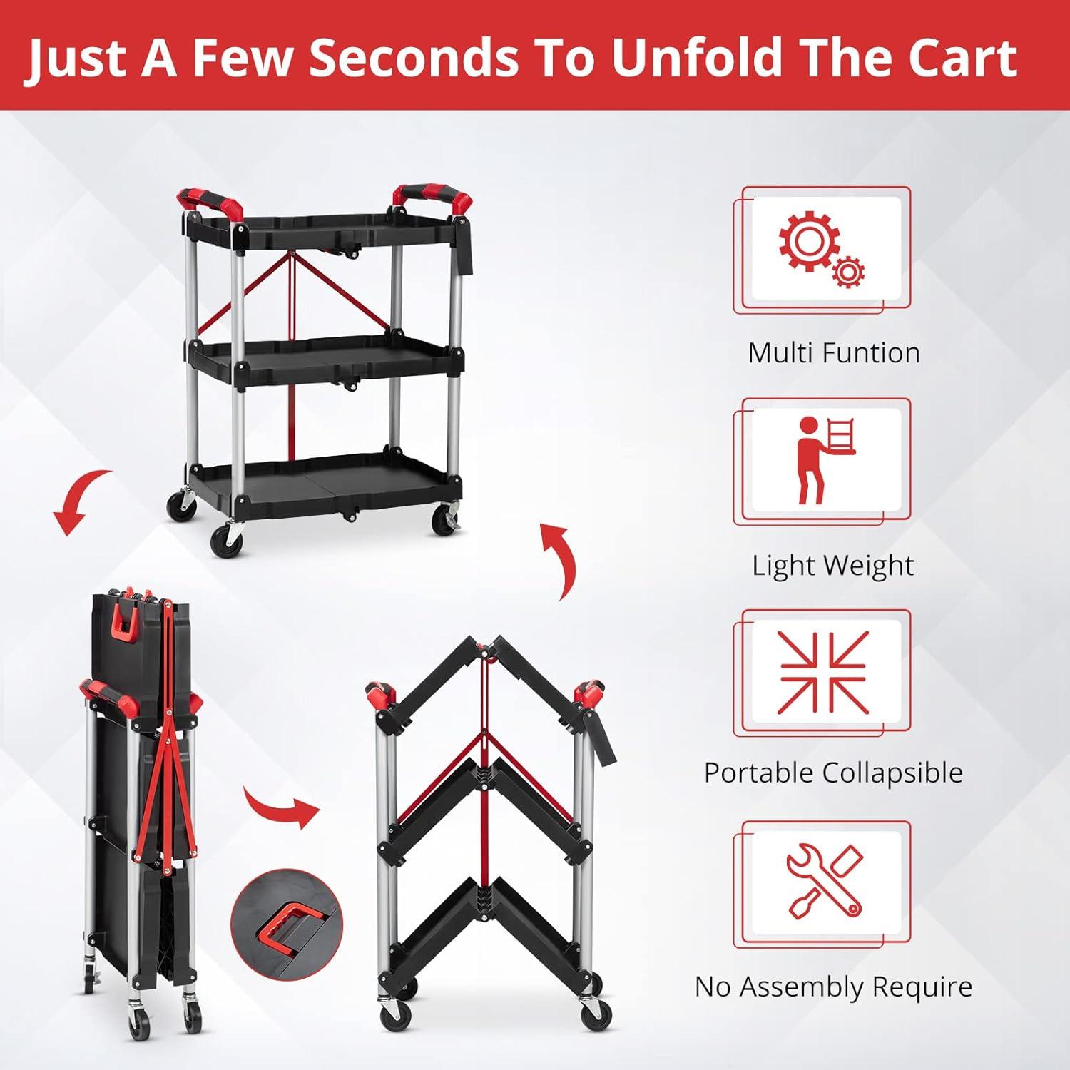 Gray and Red 3-Tier Folding Aluminum Utility Cart