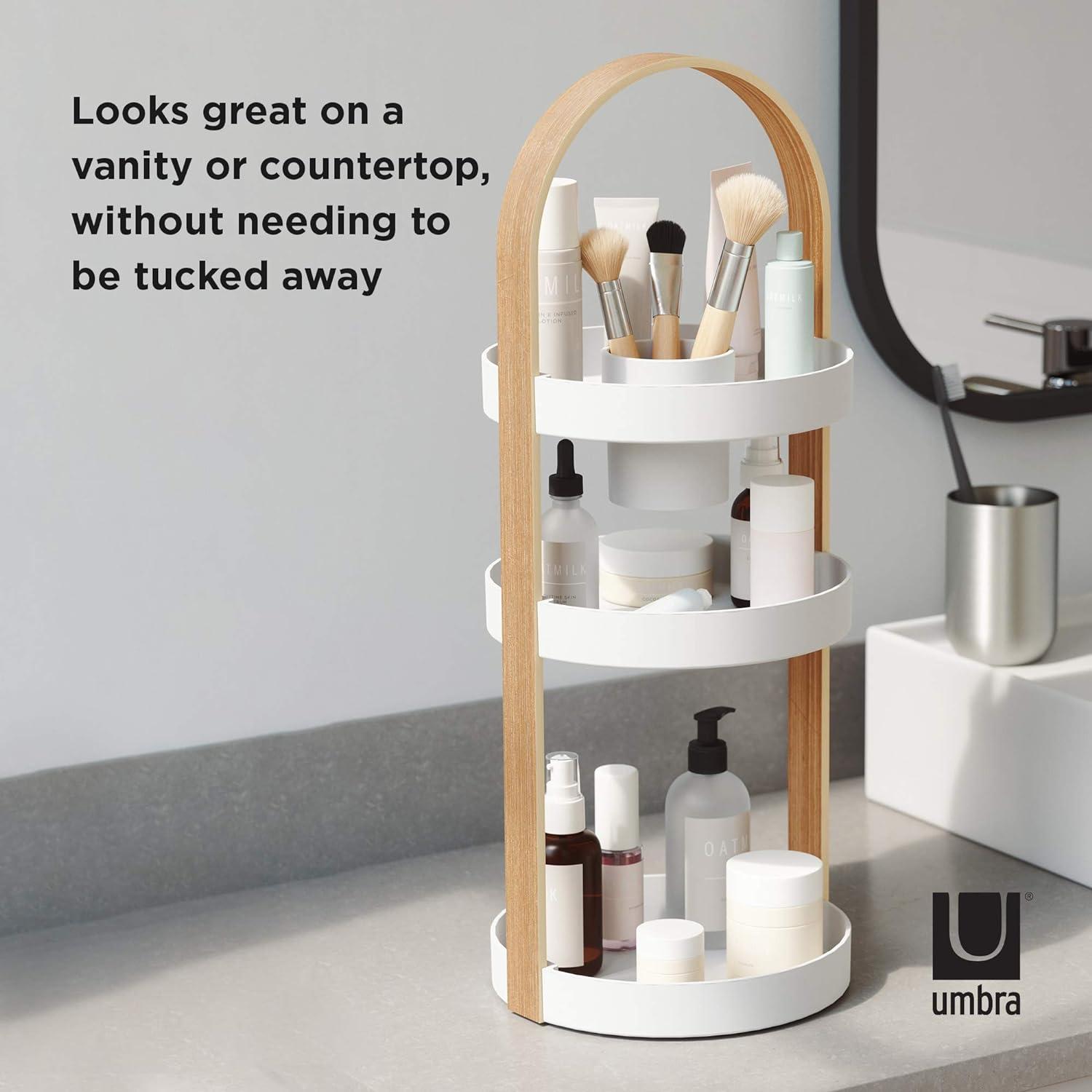 White and Natural 3-Tier Wooden Cosmetic Organizer