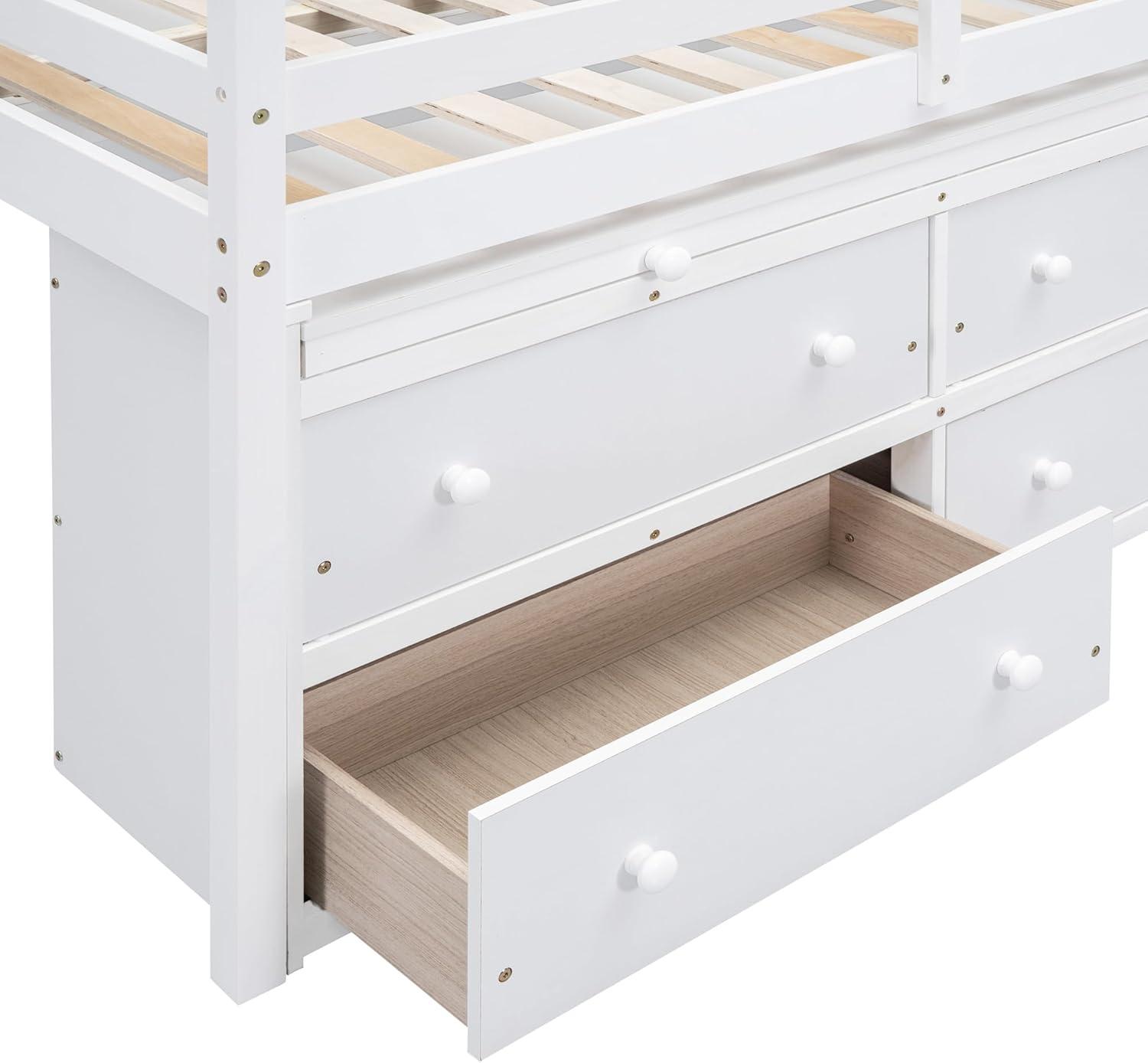 Full Size Low Loft Bed With Storage, Portable Desk & 4 Drawers, Wood Frame With Shelves, Modern Farmhouse Junior Loft for Kids Boys Girls, White