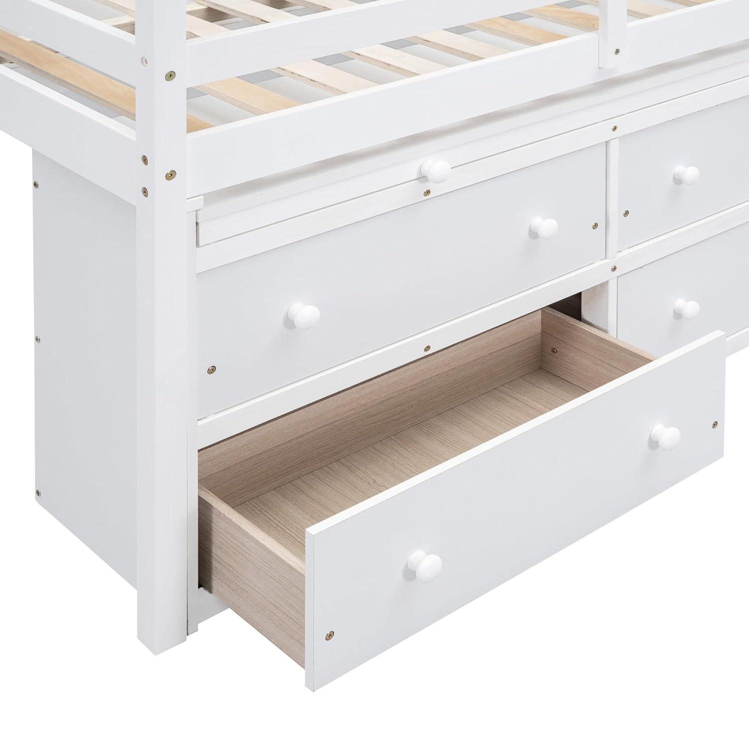 Full Size Low Loft Bed With Storage, Portable Desk & 4 Drawers, Wood Frame With Shelves, Modern Farmhouse Junior Loft for Kids Boys Girls, White