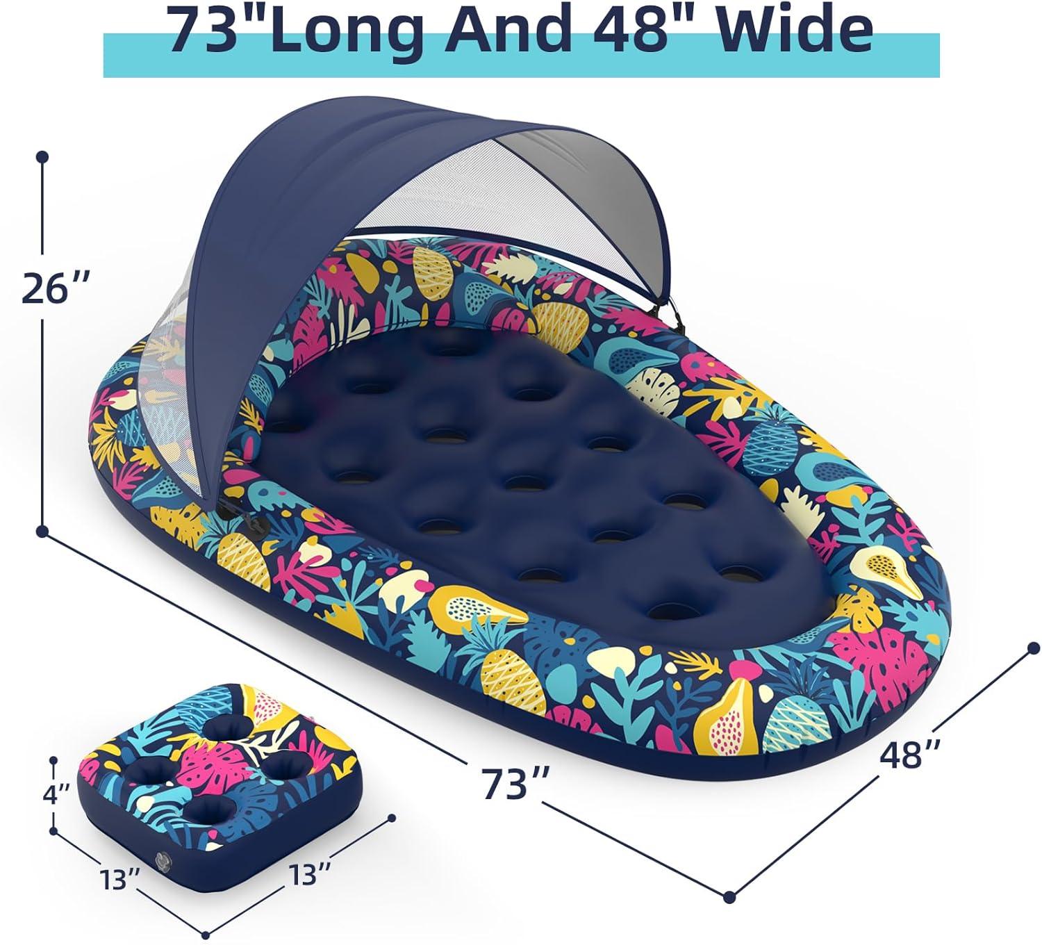 3-in-1 Pool Floats with Canopy Cup Holder, XL Large 73" x 48" Inflatable Pool Floats for Adults Lounger Raft Floating Chair for Swimming Pool Lake Water Lounge Float Beach Pool Party Toys