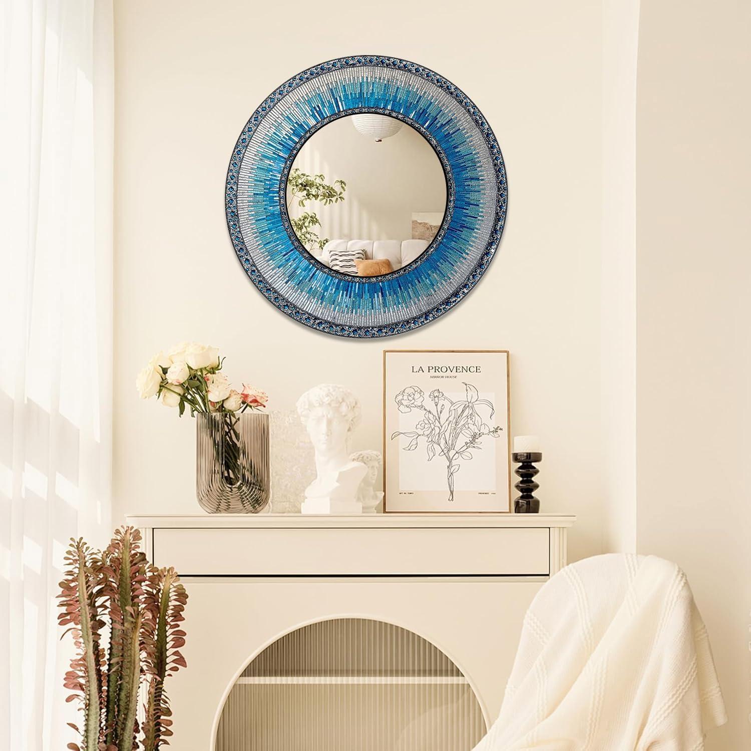 24" Round Blue and Silver Mosaic Glass Wall Mirror